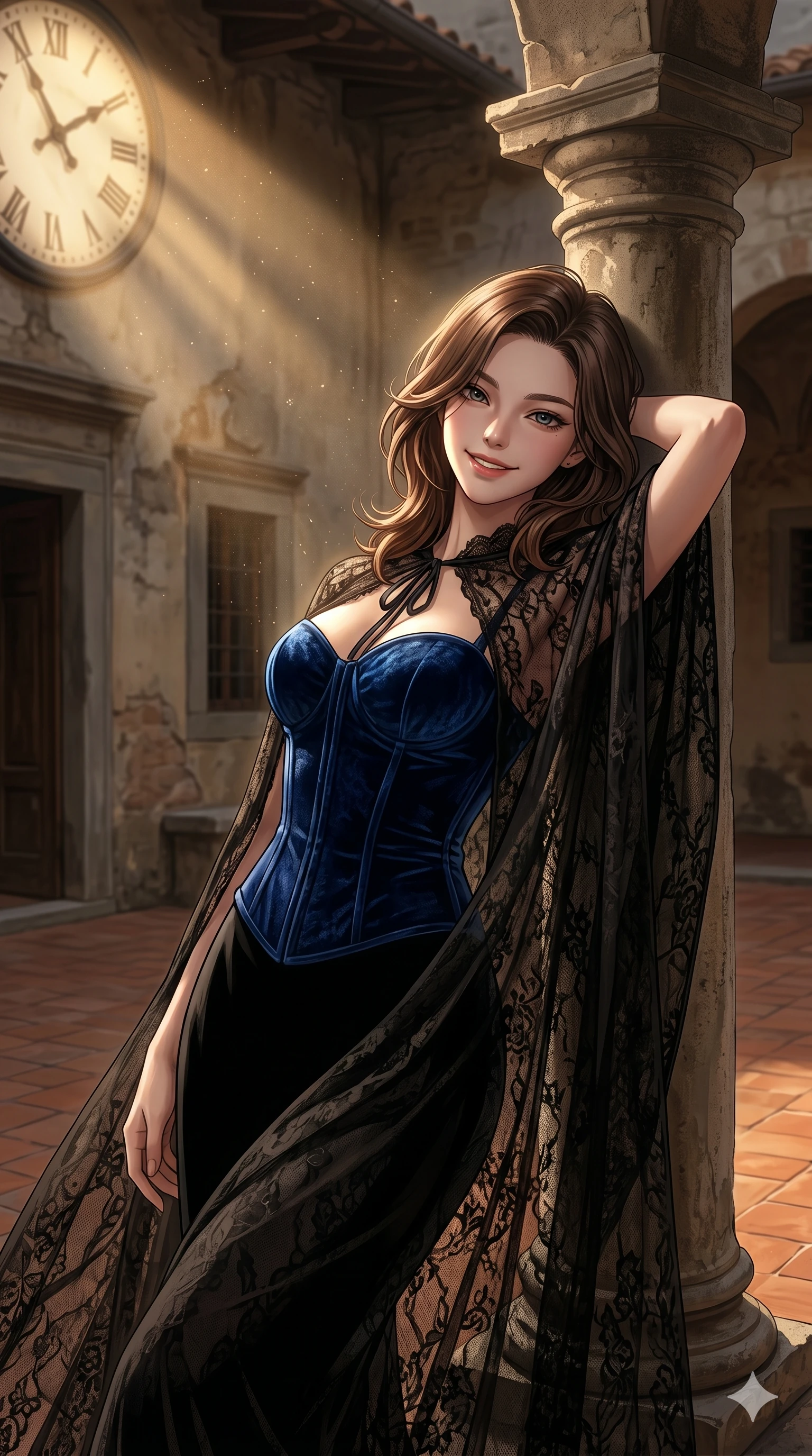 score_9, masterpiece, best quality, ultra-detailed, high-budget anime keyframe, editorial fashion photography, tasteful artistic composition, Korean woman. cowboy shot from the thighs up, character and outfit filling the frame for maximum editorial presence. leaning back with a playful, self-assured smile directly into the lens leaning against a stone pillar in a quiet courtyard of a Tuscan villa (Code-P18-194). She has an absolutely perfect 8-heads proportion, an exceptionally tall and slender female figure with impossibly long slender legs and an ultra-slim waist. V-shaped jawline, high-bridge nose, intricate jewel-like eyes with depth, thick eyelashes, glossy lips with a natural sheen. wearing a dark velvet corset combined with a sheer lace cape. dramatic chiaroscuro with a single golden key light filtering through the clock face. 2k, ultra detail, master piece, 9:16 ratio