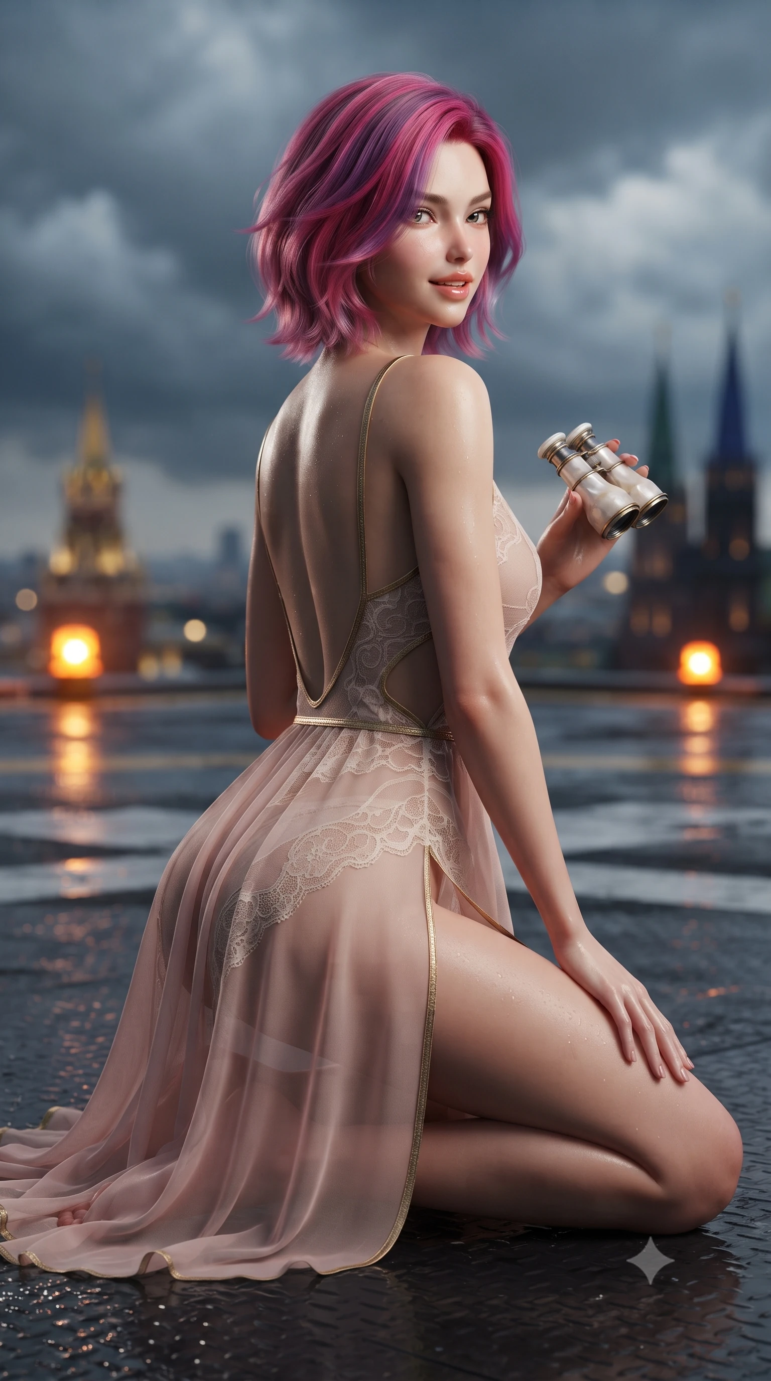 score_9, masterpiece, best quality, ultra-detailed, high-budget anime keyframe, editorial fashion photography, tasteful artistic composition, Caucasian woman. close-up cowboy shot from the waist and thighs up, the character dominates the composition, filling the frame with her large presence. posing in an alluring rear three-quarter angle, looking over a bare shoulder with parted glossy lips, her hips cocked back to highlight her slim hourglass curve while kneeling poised on the illuminated landing circle with one hand resting on the wet deck, casting a piercing yet coquettish smile. The background shows a soft-focus flashing amber helipad beacons, thunderous storm clouds, and distant skyline spires blurred into gold, cobalt, and obsidian bokeh. She has an exceptionally elegant, slender, and willowy female figure with an ultra-slim waist, flat toned midriff, narrow ribcage, and sculpted feminine hips creating an alluring, slim hourglass silhouette without bulk. sharp v-shaped jawline, high-bridge nose, sparkling eyes with hypnotic seductive depth, thick curled eyelashes, glossy parted lips with a natural dewy peach sheen, alluring bedroom-eyes with an enchanting coquettish smile, exuding magnetic siren charisma and sophisticated glamour, flawlessly proportioned anatomical accuracy, strict slender model proportions, natural body alignment, perfectly sculpted long slender limbs, ultra-slim waistline, clean dynamic posture without body distortion. wearing a delicate sheer gossamer chiffon ballet wrap dress slipping off bare shoulders with a daring hip-high leg slit in blush ballerina pink and warm ivory lace with antique gold trims, made of sheer gossamer chiffon that drapes softly against skin with airy translucence, accented with an antique mother-of-pearl opera glass held casually in one hand, the precision-cut side openings and low-back scoop framing her graceful spine and the sensual sweep of her slim, toned hips. illuminated by puddle specular bounce and sharp platinum rim lights sculpting her jawline, flat midriff, and curvaceous hips. ultra-reflective glossy finish, specular highlights, rich textural contrasts, high-contrast stereoscopic depth, volumetric dynamic lighting, 2k, ultra detail, master piece, 9:16 ratio