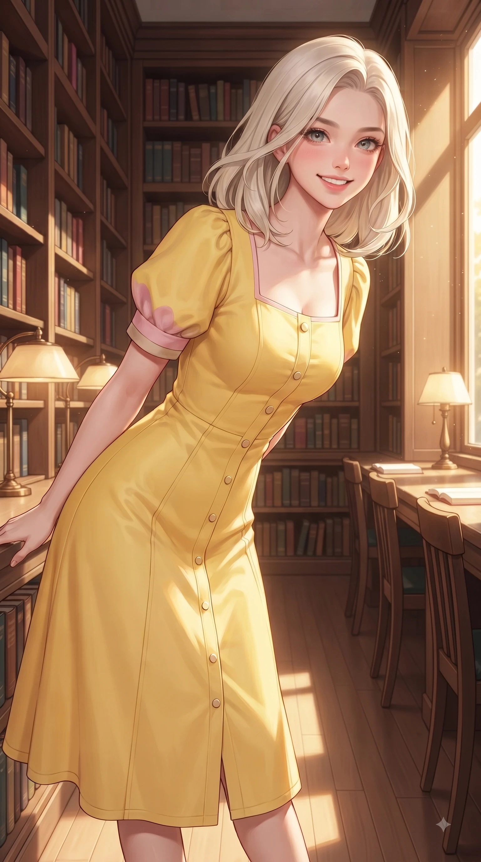 score_9, masterpiece, best quality, ultra-detailed, high-budget anime keyframe, editorial fashion photography, tasteful artistic composition, Caucasian woman. close-up cowboy shot from the waist and thighs up, the character dominates the composition, filling the frame with her large presence. Cheerful beaming smile with sparkling eyes and a fresh girlhood aura, leaning forward with playful grace while pivoting dynamically in a quiet library nook with a sweet, intelligent smile and sparkling eyes. The surrounding environment is rendered in vivid detail and crisp panoramic clarity. floor-to-ceiling wooden bookshelves, vintage desk lamps, and sunlit reading nooks captured in sharp clarity. She has an exceptionally elegant, slender, and willowy female figure with an ultra-slim waist, a gracefully sculpted slender torso, and a refined silhouette. sharp v-shaped jawline, high-bridge nose, intricate jewel-like eyes with depth, thick eyelashes, glossy lips with a natural sheen, flawlessly proportioned anatomical accuracy, natural body alignment, perfectly sculpted elegant limbs, clean dynamic posture without body distortion. wearing a cheerful daffodil-yellow button-front midi dress with short puff sleeves in cherry blossom pink and soft beige, made of comfortable premium stretch denim and soft jersey, featuring elegant flutter sleeves and a graceful square neckline, the chic real-way fashion cut emphasizing her effortless charm. bathed in warm golden sunlight streaming through clean glass cafe windows. ultra-reflective glossy finish, specular highlights, metallic sheen, high-contrast stereoscopic depth, volumetric dynamic lighting, 2k, ultra detail, master piece, 9:16 ratio