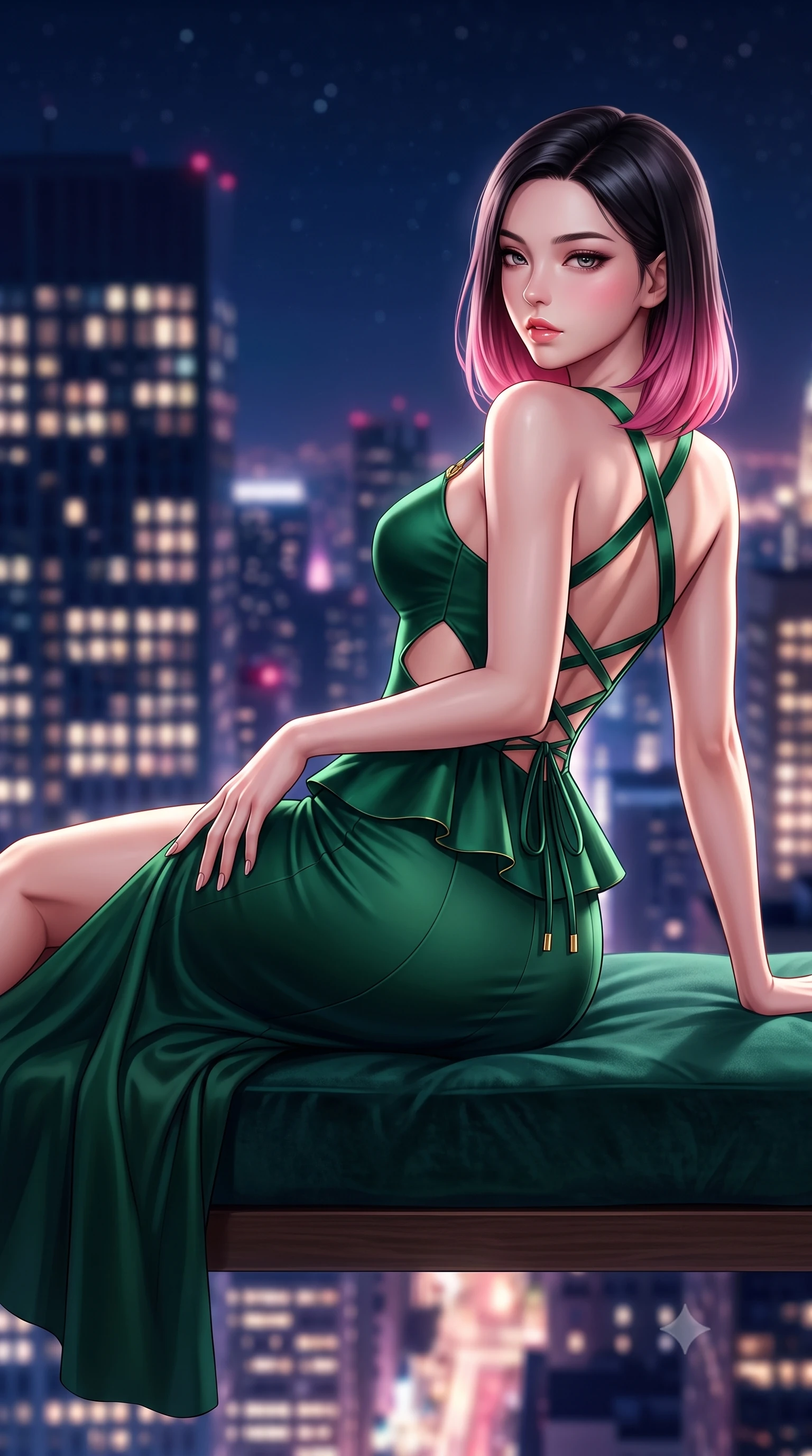 score_9, masterpiece, best quality, ultra-detailed, high-budget anime keyframe, semi-realistic 3D game render, editorial fashion photography, tasteful artistic composition, Korean woman. close-up cowboy shot from the waist and thighs up, the character dominates the composition, filling the frame with her large presence. resting one manicured hand delicately on her hip bone, her upper body turning in a fluid, seductive S-curve while parted lips glisten in the light while reclining on her side across a floating velvet infinity daybed, one leg extended and torso propped on one elbow to accentuate the sweeping line of her curvy hips. The composition keeps background elements in soft focus with creamy bokeh. sprawling metropolis skyscraper light grids and starry midnight skies blurred into deep sapphire, magenta, and champagne-gold bokeh. She has an exceptionally elegant, slender, and willowy female figure with an ultra-slim waist, a gracefully sculpted slender torso, toned flat midriff, and rounded feminine hips creating an alluring hourglass silhouette. sharp v-shaped jawline, high-bridge nose, intricate jewel-like eyes with depth, thick eyelashes, glossy parted lips with a natural sheen, intensely captivating and seductive bedroom-eyes expression, flawlessly proportioned anatomical accuracy, strict slender model proportions, natural body alignment, perfectly sculpted long slender limbs, ultra-slim waistline, clean dynamic posture without body distortion. wearing a modern peplum corset dress with side-waist diamond cutouts and an ultra-tight silhouette in deep emerald green satin and gold hardware, made of fluid silk crepe with delicate inner corsetry boning, featuring an open-back criss-cross satin lacing highlighting her graceful shoulder blades, the form-contouring material adhering flawlessly to her sculpted flat midriff and slender torso, emphasizing her long leg lines and perfectly proportioned willowy build. surrounded by a cosmopolitan, elite, and intensely magnetic modern royalty aura. highly saturated vibrant anime colors, detailed shading with soft gradients, rich glossy textures, high-contrast stereoscopic depth, volumetric dynamic lighting, master piece, 9:16 ratio