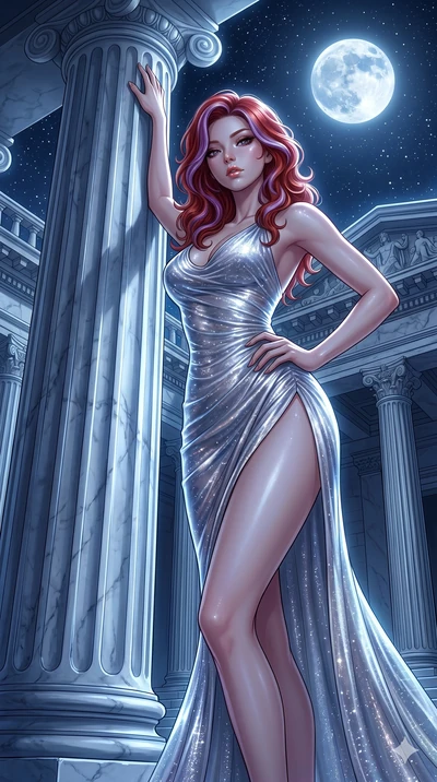 score_9, masterpiece, best quality, ultra-detailed, High-budget Anime Keyframe, East Asian woman. Low angle cowboy shot filling the entire 9:16 frame with her statuesque presence. Scenario 223: Leaning against a cold marble pillar in a moonlit greek 