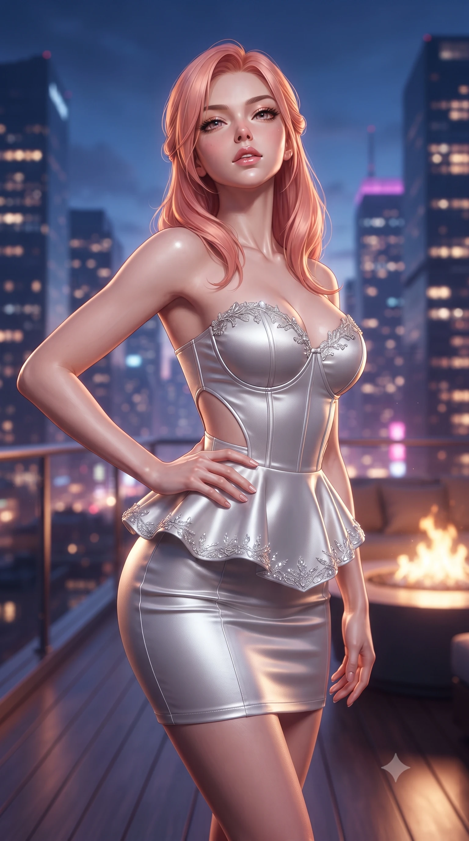score_9, masterpiece, best quality, ultra-detailed, high-budget anime keyframe, editorial fashion photography, tasteful artistic composition, Japanese woman. close-up cowboy shot from the waist and thighs up, the character dominates the composition, filling the frame with her large presence. tilting her chin up with proud, sovereign allure while gazing through thick eyelashes, one hand resting on her waist in pure supermodel charisma while pivoting gracefully on the polished balcony deck with hips shifted in a pronounced contrapposto stance, parted glossy lips reflecting city neon. The composition keeps background elements in soft focus with creamy bokeh. sprawling metropolis skyscraper light grids and starry midnight skies blurred into deep sapphire, magenta, and champagne-gold bokeh. She has an exceptionally elegant, slender, and willowy female figure with an ultra-slim waist, a gracefully sculpted slender torso, toned flat midriff, and rounded feminine hips creating an alluring hourglass silhouette. sharp v-shaped jawline, high-bridge nose, intricate jewel-like eyes with depth, thick eyelashes, glossy parted lips with a natural sheen, intensely captivating and seductive bedroom-eyes expression, flawlessly proportioned anatomical accuracy, strict slender model proportions, natural body alignment, perfectly sculpted long slender limbs, ultra-slim waistline, clean dynamic posture without body distortion. wearing a modern peplum corset dress with side-waist diamond cutouts and an ultra-tight silhouette in shimmering silver mercury and pearl white, tailored from ultra-smooth duchess satin with a pearlescent sheen, finished with delicate crystal embroidery along the neckline and hem, the liquid-tight tailored fabric clinging flawlessly to her narrow waist and rounded feminine hips, emphasizing every millimeter of her sculpted hourglass curves during movement. bathed in twilight indigo sky tones and warm amber rooftop fire pit glow. ultra-reflective glossy finish, specular highlights, rich textural contrasts, high-contrast stereoscopic depth, volumetric dynamic lighting, 2k, ultra detail, master piece, 9:16 ratio