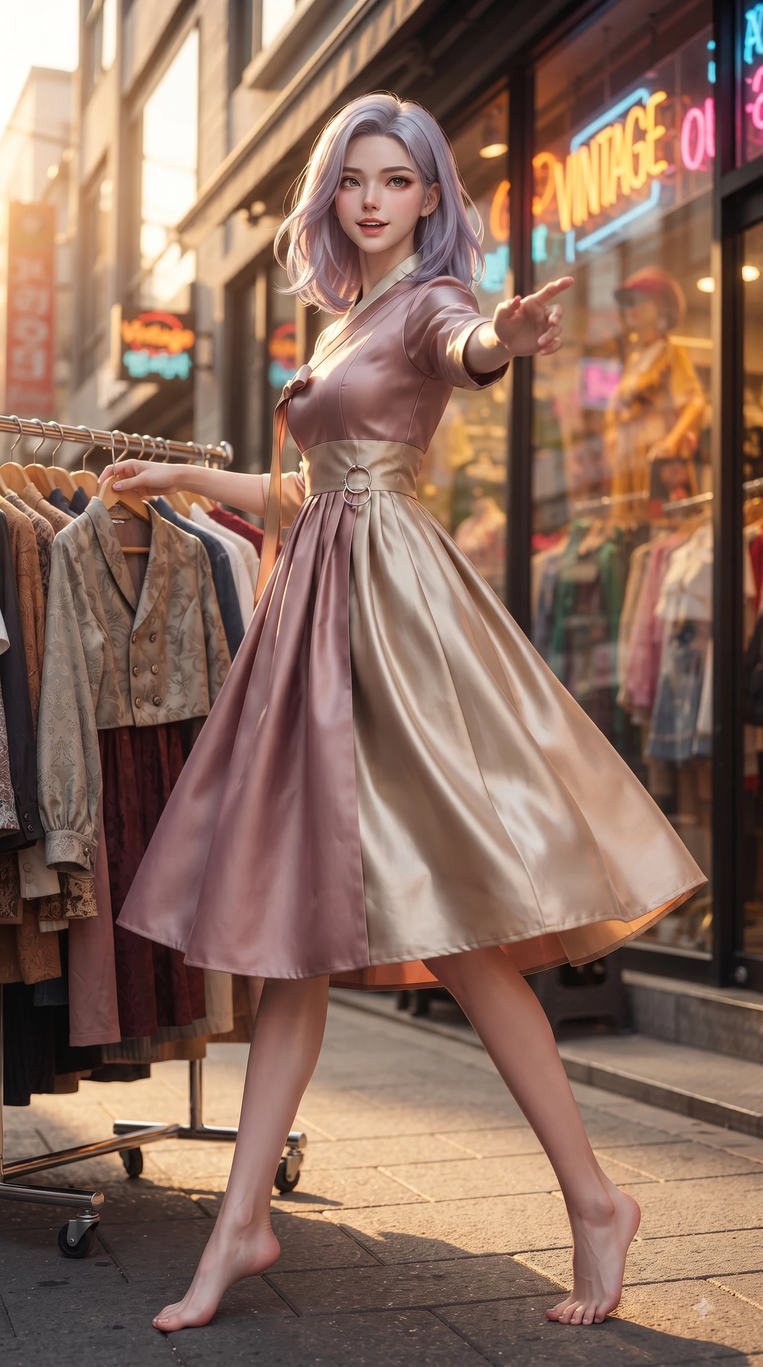 score_9, masterpiece, best quality, ultra-detailed, high-budget anime keyframe, editorial fashion photography, tasteful artistic composition, Caucasian woman. low angle full-body shot from head to toe showing her feet, filling the entire 9:16 vertical frame with her statuesque presence, stretching her vertical silhouette. pivoting dynamically in mid-motion with a delighted cute expression, displaying her perfect model proportions while reaching one arm out playfully toward the camera while browsing a outdoor vintage clothing rack, trendy fashion window displays reflecting golden afternoon sunlight vividly. She has an absolutely perfect, statuesque 8.5-heads proportion, an exceptionally tall and slender model-like female figure with impossibly long slender legs and an ultra-slim waist. sharp v-shaped jawline, high-bridge nose, intricate jewel-like eyes with depth, thick eyelashes, glossy lips with a natural sheen, flawlessly proportioned anatomical accuracy, natural body alignment, perfectly sculpted elegant limbs, clean dynamic posture without body distortion. wearing a modern fusion silk hanbok dress with a structured bodice and flowing skirt in dusty rose and champagne gold, crafted from smooth liquid silk, accented with delicate chrome ring hardware framing her waist, the tailored fabric tightly following every curve of her athletic build. illuminated by vibrant neon shop signs and crisp clear afternoon key light. ultra-reflective glossy finish, specular highlights, metallic sheen, high-contrast stereoscopic depth, volumetric dynamic lighting, 2k, ultra detail, master piece, 9:16 ratio