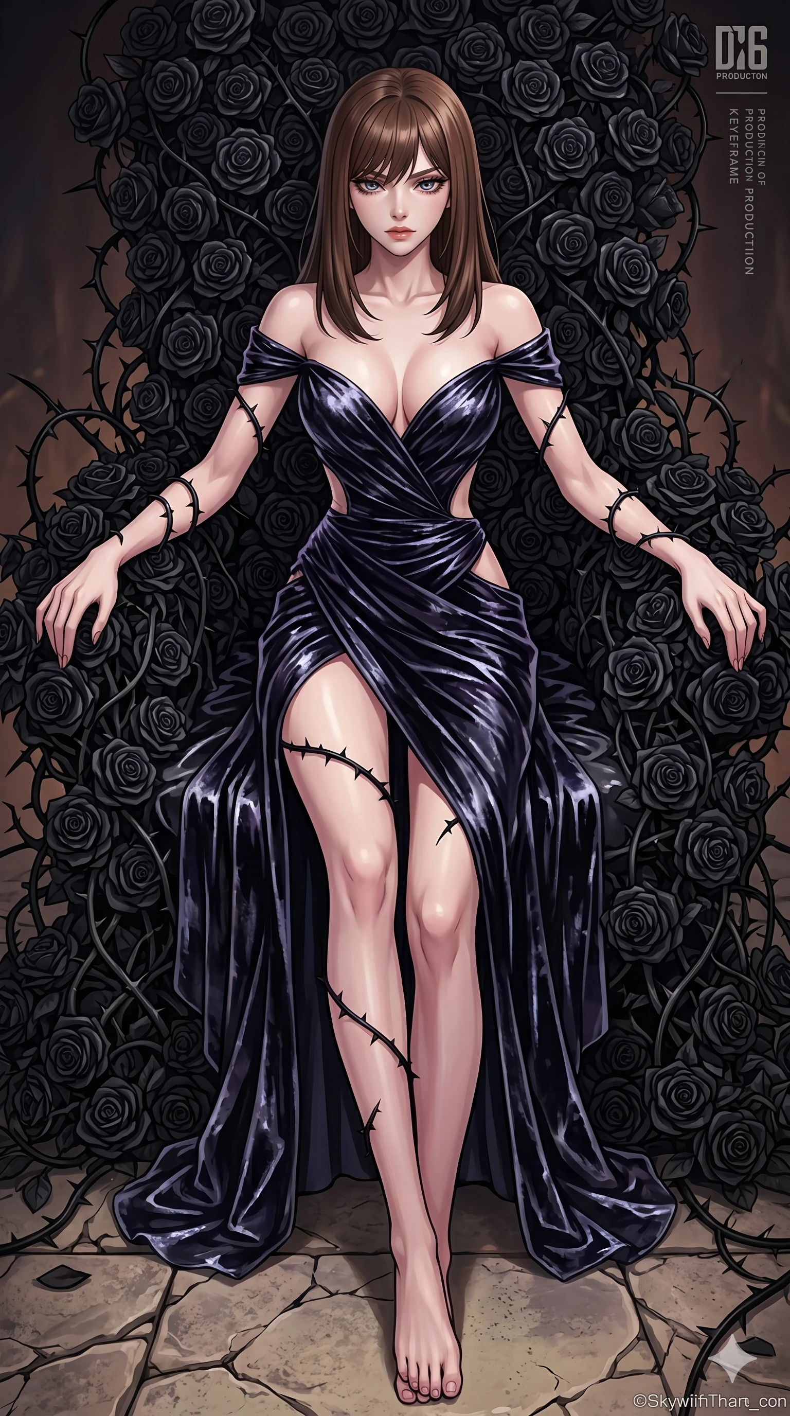 score_9, masterpiece, best quality, ultra-detailed, High-budget Anime Keyframe, East Asian woman. Dynamic full-body shot stretching the vertical silhouette to the limit. Scenario 60: Resting on a throne of black roses, thorns grazing her skin. Her presence is magnetic and overpowering in this high-budget anime scene. Outfit 60: A crushed dark velvet garter with a low-cut shoulder and wet-look texture. The clothing is designed to emphasize her exceptionally tall and slender 8-heads proportion. 8-heads proportion, towering silhouette, ultra-slim waist. sharp v-shaped jawline, intricate jewel-like eyes with depth, thick eyelashes, glossy lips. 2k, ultra detail, master piece, 9:16 ratio