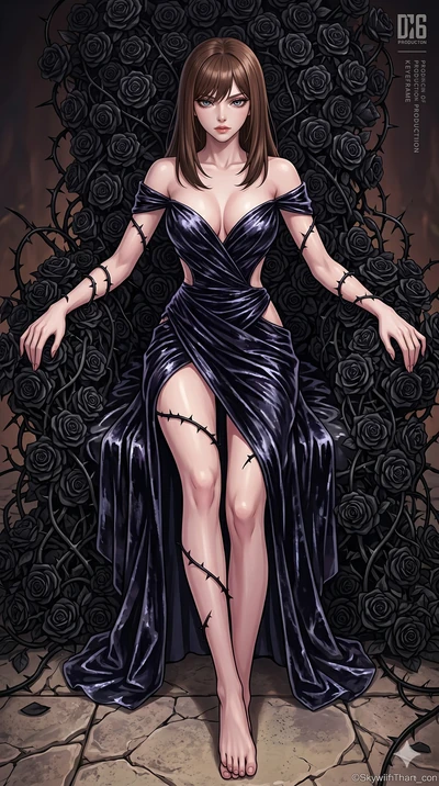score_9, masterpiece, best quality, ultra-detailed, High-budget Anime Keyframe, East Asian woman. Dynamic full-body shot stretching the vertical silhouette to the limit. Scenario 60: Resting on a throne of black roses, thorns grazing her skin. Her pr