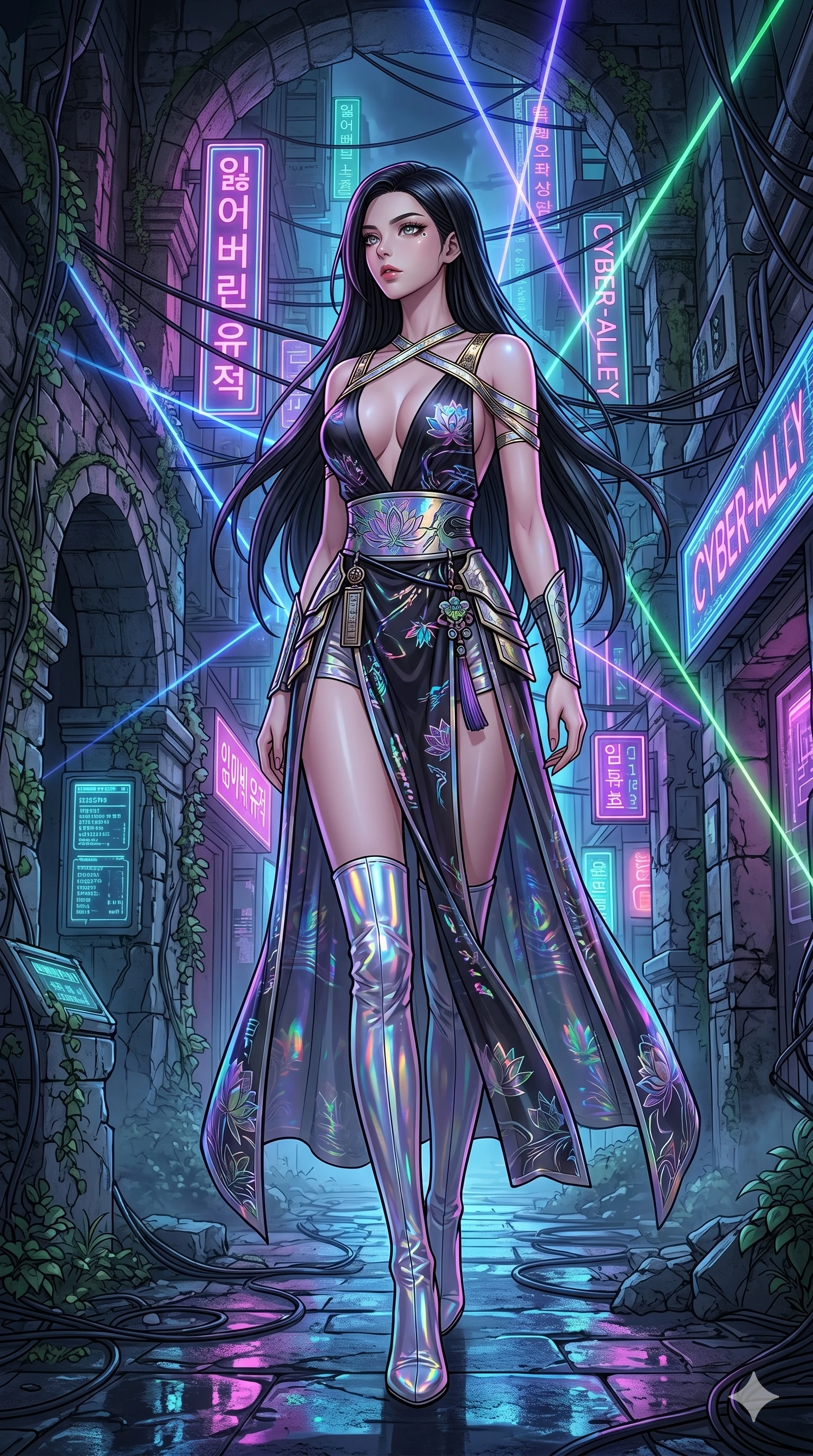 score_9, masterpiece, best quality, ultra-detailed, high-budget anime movie keyframe, cinematic anime lighting, intricate line art, Korean woman. Low angle cowboy shot filling the entire 9:16 frame with her statuesque presence. exploring lost ruins in a neon-lit cyberpunk alleyway with lightning lasers. She has an absolutely perfect 8-heads proportion, an exceptionally tall and slender female figure with an ultra-slim waist and impossibly long slender legs. sharp v-shaped jawline, high-bridge nose, intricate jewel-like eyes, thick eyelashes, glossy lips. Wearing modernized deep-plunging silk hanbok-fusion with metallic straps, a high-slit sheer skirt over micro-shorts, and holographic embroidered patterns. The scene is illuminated by dramatic atmospheric lighting and vibrant color palettes. , 2k, ultra detail, master piece, 9:16 ratio