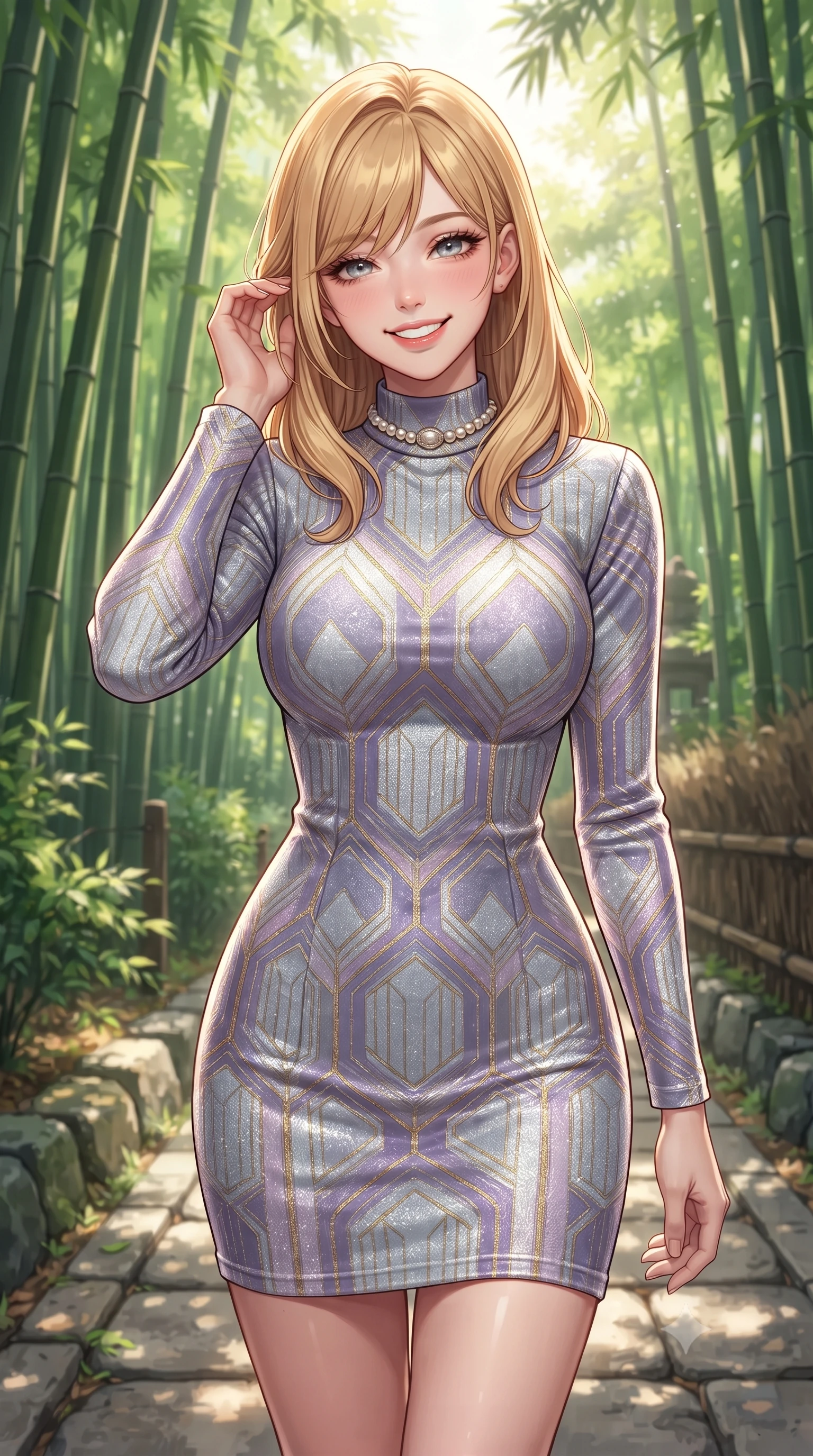 score_9, masterpiece, best quality, ultra-detailed, high-budget anime keyframe, editorial fashion photography, tasteful artistic composition, Caucasian woman. close-up cowboy shot from the waist and thighs up, the character dominates the composition, filling the frame with her large presence. gently brushing a lock of hair behind her ear while casting a playful, flirtatious side-gaze with long eyelashes while walking slowly beneath the towering bamboo canopy, listening to the gentle rustling leaves with peaceful aristocratic grace. The surrounding environment is rendered in vivid detail and crisp panoramic clarity: detailed stand-collar wool jacket tailoring, minimalist button placket, and historic Kyoto trail craft in high resolution. She has an exceptionally elegant, slender, and willowy female figure with an ultra-slim waist, flat toned midriff, narrow ribcage, and sculpted feminine hips creating an alluring, slim hourglass silhouette without bulk. sharp v-shaped jawline, high-bridge nose, intricate jewel-like sparkling eyes with depth, thick eyelashes, glossy parted lips with a natural peach sheen, bright cheerful beaming smile with an enchanting and coquettish sensual glint, exuding both youthful cute charm and seductive allure, flawlessly proportioned anatomical accuracy, strict slender model proportions, natural body alignment, perfectly sculpted long slender limbs, ultra-slim waistline, clean dynamic posture without body distortion. wearing a form-contouring Art Deco geometric patterned knit bodycon dress hugging her slender frame with golden thread accents in frosted mountain lavender and shimmering ice silver, crafted from fluid liquid velvet offering rich tactile depth while adhering to her hourglass shape, complemented by an antique baroque pearl choker accentuating her delicate neck and collarbones, the glove-like clinging cut tightly following the natural contour of her hips and long slender legs with youthful 8.5-heads elegance. illuminated by soft green foliage bounce and crisp jade-gold rim lights sculpting her razor-sharp jawline and tall willowy frame. ultra-reflective glossy finish, specular highlights, rich textural contrasts, high-contrast stereoscopic depth, volumetric dynamic lighting, 2k, ultra detail, master piece, 9:16 ratio