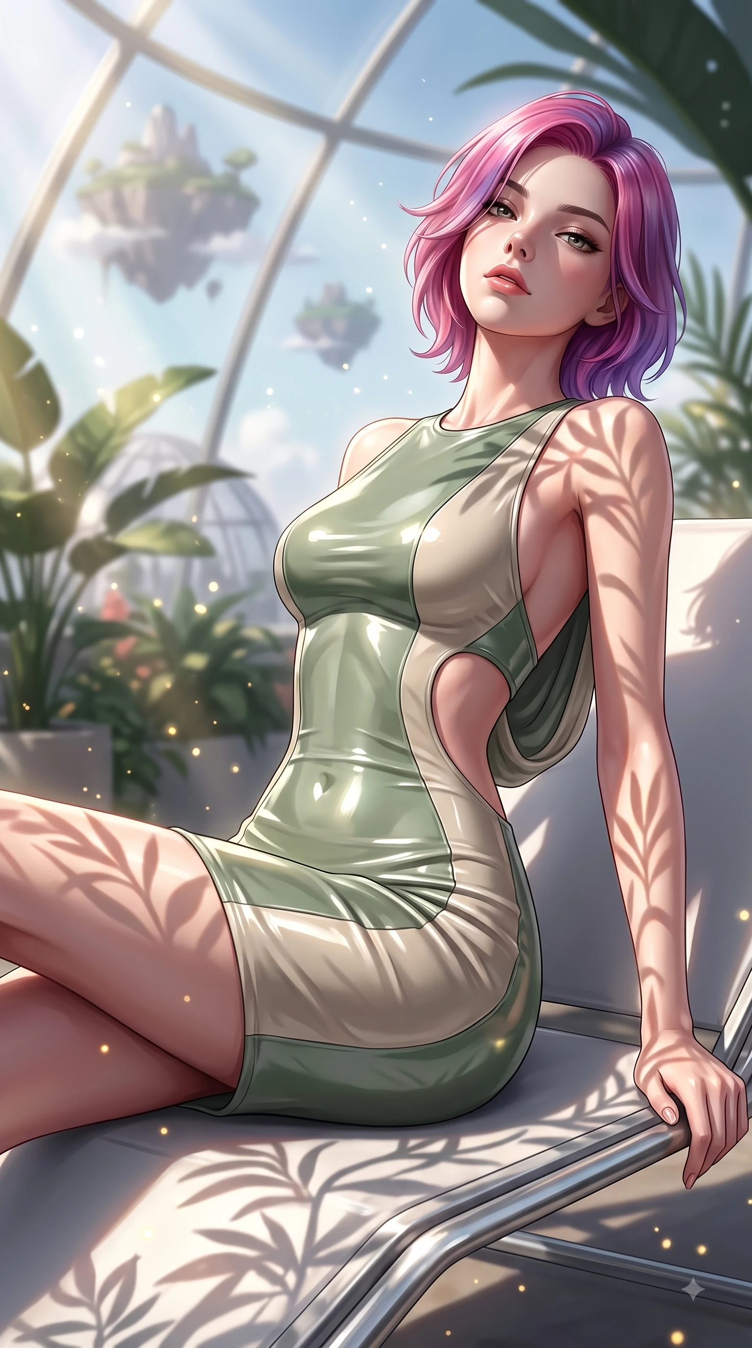 score_9, masterpiece, best quality, ultra-detailed, high-budget anime keyframe, editorial fashion photography, tasteful artistic composition, Caucasian woman. close-up cowboy shot from the waist and thighs up, the character dominates the composition, filling the frame with her large presence, background elements kept in soft focus. Tilting her chin up with composed magnetism as dramatic side lighting traces her sculpted waist and hip contour while lounging gracefully on a platinum sunbed in a sunlit botanical dome overlooking flying cloud islands, glowing pollen particles drifting gracefully around her statuesque silhouette. She has an exceptionally elegant, slender, and willowy female figure with an ultra-slim waist, a gracefully sculpted slender torso, and a refined silhouette. sharp v-shaped jawline, high-bridge nose, intricate jewel-like eyes with depth, thick eyelashes, glossy lips with a natural sheen, flawlessly proportioned anatomical accuracy, natural body alignment, perfectly sculpted elegant limbs, clean dynamic posture without body distortion. wearing a precision-fitted liquid jersey bodycon dress with a graceful draped back in sage green and oatmeal, tailored from high-gloss patent leather, featuring clean architectural cutouts along her slender torso, the glove-like fit emphasizing her statuesque silhouette during motion. illuminated by brilliant sunbeams casting organic leaf stencil shadows. ultra-reflective glossy finish, specular highlights, metallic sheen, high-contrast stereoscopic depth, volumetric dynamic lighting, 2k, ultra detail, master piece, 9:16 ratio