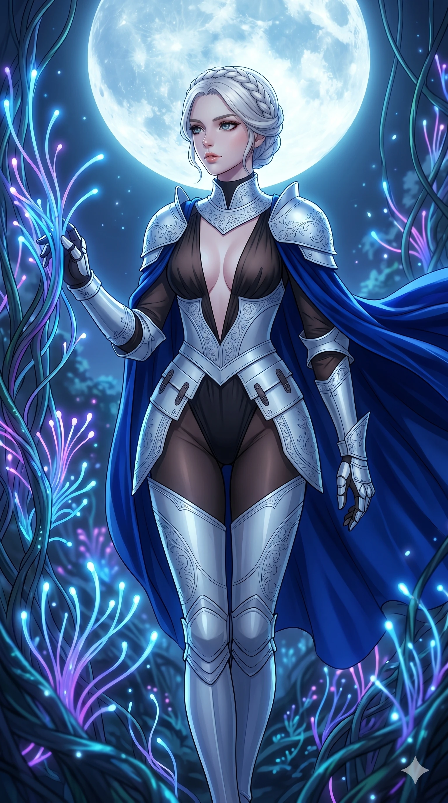 score_9, masterpiece, best quality, ultra-detailed, High-budget Anime Keyframe, vibrant colors, fluid line-art, expressive lighting, cinematic composition, Ufotable-style visual effects, top-tier animation quality, Korean woman with idol-like refined features. Upper body close-up from the thighs up, character filling the screen for maximum presence. Walking through a forest of fiber-optic vines that react to her touch by glowing brighter. She has an absolutely perfect 8-heads proportion, an exceptionally tall and slender female figure with impossibly long slender legs and an ultra-slim waist, her statuesque height and towering silhouette dominating the vertical 9:16 frame. Her face is a masterpiece featuring a sharp v-shaped jawline, high-bridge nose, intricate jewel-like eyes with depth, thick eyelashes, and glossy lips with a natural sheen. She is wearing a Form-fitting light silver plate armor with intricate engravings, over a sheer silk bodysuit with a deep plunging neckline, and a royal blue velvet cape.. The scene is set in a mystical grove under a giant glowing moon that illuminates the fiber-optic flora. 2k, ultra detail, master piece, 9:16 ratio