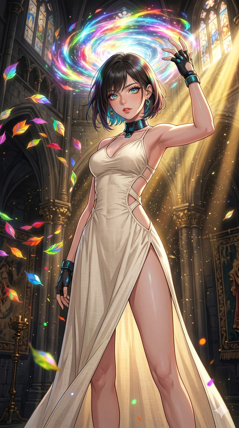 score_9, masterpiece, best quality, ultra-detailed, High-budget Anime Keyframe, beautiful Caucasian anime girl (strictly human ears). Low angle cowboy shot filling the entire 9:16 frame with her statuesque presence. Summoning a crown of light that shines above her head in a darkened grand hall with golden dust. She has an absolutely perfect 8-heads proportion, an exceptionally tall and slender female figure with impossibly long slender legs and an ultra-slim waist. Sharp v-shaped jawline, high-bridge nose, intricate jewel-like eyes with depth, thick eyelashes, glossy lips with a natural sheen. Wearing a Seasonal/Resort outfit: cream linen sundress with side cut-outs and a high side slit. Background is a bright and colorful grand interior with golden light rays and floating dust particles. 2k, ultra detail, master piece, 9:16 ratio