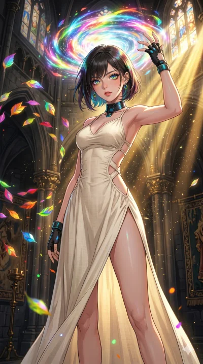 score_9, masterpiece, best quality, ultra-detailed, High-budget Anime Keyframe, beautiful Caucasian anime girl (strictly human ears). Low angle cowboy shot filling the entire 9:16 frame with her statuesque presence. Summoning a crown of light that sh