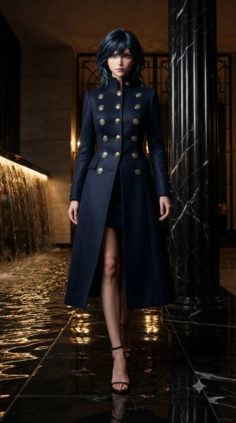 score_9, masterpiece, best quality, ultra-detailed, high-budget anime keyframe, editorial fashion photography, tasteful artistic composition, Caucasian woman. low angle full-body shot from head to toe showing her feet, filling the entire 9:16 vertical frame with her statuesque presence, stretching her vertical silhouette. stepping slowly toward the camera with hypnotic grace, hips swaying in an alluring sensual rhythm that accentuates her curvy hourglass silhouette and long slender legs while twisting her slender torso in an alluring contrapposto stance beside the water cascade, golden reflections caressing her narrow waist and curvy hips. The surrounding environment is rendered in vivid detail and crisp panoramic clarity: sharp fluted black Carrara marble pillar fluting, molten gold water surface tension ripples, and crisp candle flame tips in deep focus. She has an exceptionally tall and slender model-like 8.5-heads proportion, an ultra-slim waist, a flat toned midriff, narrow delicate ribcage, and beautifully sculpted feminine hips creating a graceful, slim hourglass silhouette without any bulky heaviness, with impossibly long slender legs. sharp v-shaped jawline, high-bridge nose, intricate jewel-like sparkling eyes with depth, thick eyelashes, glossy parted lips with a natural peach sheen, bright cheerful beaming smile with an enchanting and coquettish sensual glint, exuding both youthful cute charm and seductive allure, flawlessly proportioned anatomical accuracy, strict slender model proportions, natural body alignment, perfectly sculpted long slender limbs, ultra-slim waistline, clean dynamic posture without body distortion. wearing a structured high-collar Victorian opera greatcoat in midnight navy wool with polished brass crest buttons in subterranean lagoon turquoise and lotus blossom pink, woven from structured carbon-fiber jacquard with rich textural depth, complemented by strappy stiletto sandals with metallic ankle wraps accentuating her slender calves, the impeccably tailored cut draping gracefully along her slender figure with aristocratic poise. bathed in warm 2200K golden candlelight mixed with underwater liquid gold thermal LEDs. ultra-reflective glossy finish, specular highlights, rich textural contrasts, high-contrast stereoscopic depth, volumetric dynamic lighting, 2k, ultra detail, master piece, 9:16 ratio