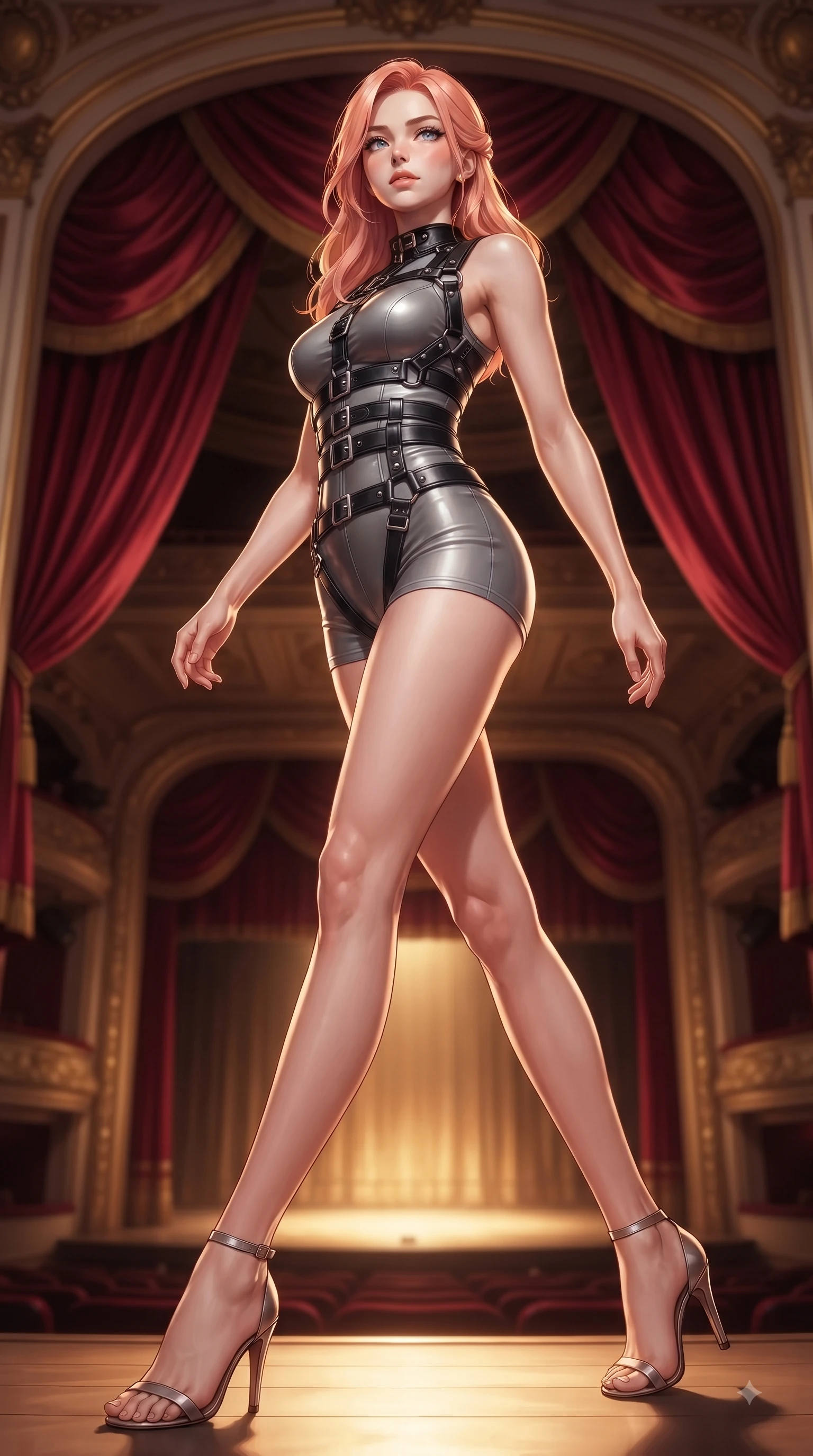 score_9, masterpiece, best quality, ultra-detailed, high-budget anime keyframe, editorial fashion photography, tasteful artistic composition, Japanese woman woman. low angle full-body shot from head to toe showing her feet, filling the entire 9:16 vertical frame with her statuesque presence, stretching her vertical silhouette. She has an absolutely perfect, statuesque 8.5-heads proportion, an exceptionally tall and slender model-like female figure with impossibly long slender legs and an ultra-slim waist. stepping gracefully forward in a proud statuesque stride, her body turning in a fluid S-curve silhouette, flawlessly proportioned anatomical accuracy, natural body alignment, perfectly sculpted elegant limbs, clean dynamic posture without body distortion. set against a soft-focus background of a VIP theater box suite draped in red silk velvet and gold trim. wearing a black structured leather harness over a fitted second-skin micro-shorts set. bathed in warm golden chandelier light from the grand theater stage below. ultra-reflective glossy finish, specular highlights, metallic sheen, high-contrast stereoscopic depth, volumetric dynamic lighting, 2k, ultra detail, master piece, 9:16 ratio