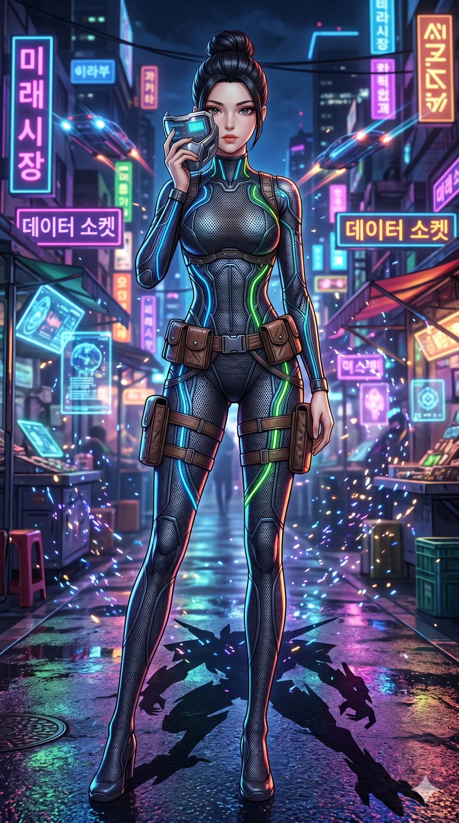 score_9, masterpiece, best quality, ultra-detailed, Set A: High-budget Anime Keyframe, Korean woman. Low angle cowboy shot filling the entire 9:16 frame with her statuesque presence. Adjusting a mask through a futuristic night market, while her shadow mimics the movements of a predator 275 and surrounded by glowing energy sparks. She has an absolutely perfect 8-heads proportion, an exceptionally tall and slender female figure with impossibly long slender legs and an ultra-slim waist. Sharp v-shaped jawline, high-bridge nose, intricate jewel-like eyes with depth, thick eyelashes, glossy lips with a natural sheen. Wearing Tactical mesh bodysuit with integrated glowing data-cables and leather pouches. Cinematic lighting, vibrant colors, dramatic shadows, 2k, ultra detail, master piece, 9:16 ratio