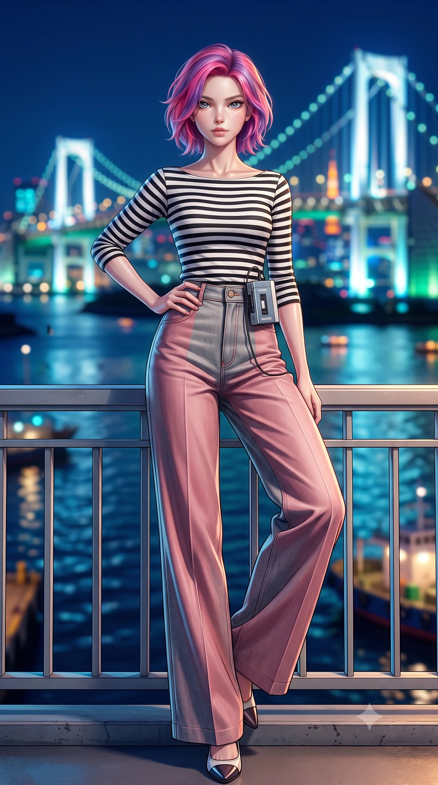 score_9, masterpiece, best quality, ultra-detailed, high-budget anime keyframe, semi-realistic 3D game render, editorial fashion photography, tasteful artistic composition, Caucasian woman. low angle full-body shot from head to toe showing her feet, filling the entire 9:16 vertical frame with her statuesque presence, stretching her vertical silhouette. standing poised with one hip cocked in an alluring high-fashion pose, her tall 8.5-heads proportions dominating the scene while resting against the bridge railing overlooking shimmering harbor lights, looking directly into the camera with starry eyes. The composition keeps background elements in soft focus with creamy bokeh. distant city harbor skylines and suspension bridge cable lights blurred into soft sapphire, amber, and turquoise bokeh. She has an absolutely perfect, statuesque 8.5-heads proportion, an exceptionally tall and slender model-like female figure with impossibly long slender legs, a toned flat midriff, and an ultra-slim waist. sharp v-shaped jawline, high-bridge nose, intricate jewel-like eyes with depth, thick eyelashes, glossy lips with a natural sheen, captivating and magnetic expression, flawlessly proportioned anatomical accuracy, strict slender model proportions, natural body alignment, perfectly sculpted long slender limbs, ultra-slim waistline, clean dynamic posture without body distortion. wearing a chic French-girl style boatneck Breton striped top paired with high-rise wide-leg sailor trousers in dusty rose pink and vintage heather grey, made of premium heavyweight washed denim and breathable cotton poplin, accessorized with a vintage portable cassette Walkman clipped to her waistband, the breezy yet form-flattering drape swaying gracefully with her steps, accentuating her long willowy limbs and slim waistline. illuminated by crisp metallic reflections tracing her ultra-slim waistline, collarbones, and long legs. highly saturated vibrant anime colors, detailed shading with soft gradients, rich glossy textures, high-contrast stereoscopic depth, volumetric dynamic lighting, master piece, 9:16 ratio
