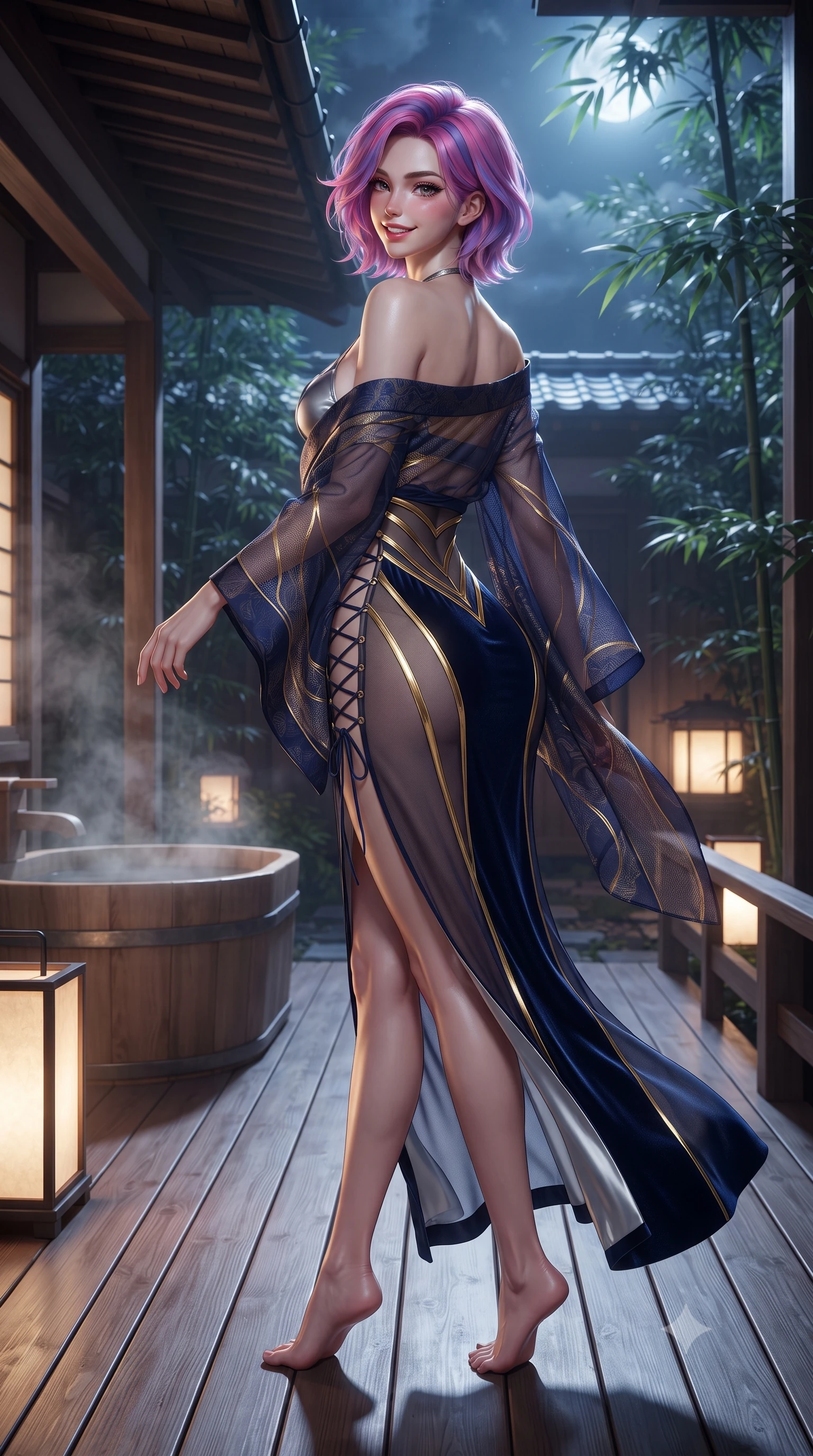 score_9, masterpiece, best quality, ultra-detailed, high-budget anime keyframe, editorial fashion photography, tasteful artistic composition, Caucasian woman. low angle full-body shot from head to toe showing her feet, filling the entire 9:16 vertical frame with her statuesque presence, stretching her vertical silhouette. walking along the terrace with poise, looking back over her bare shoulder with an irresistible smoldering bedroom-gaze while standing poised on the aromatic hinoki wood deck beside the steaming outdoor cedar soaking tub, arching her lower back with magnetic siren poise as moonbeams filter through bamboo leaves. The surrounding environment is rendered in vivid detail and crisp panoramic clarity: detailed translucent silk chiffon yukata weave slipping off bare shoulders, satin bralette cling, and traditional joinery in razor-sharp precision. She has an exceptionally tall and slender model-like 8.5-heads proportion, an ultra-slim waist, a flat toned midriff, narrow delicate ribcage, and beautifully sculpted feminine hips creating a graceful, slim hourglass silhouette without any bulky heaviness, with impossibly long slender legs. sharp v-shaped jawline, high-bridge nose, intricate jewel-like sparkling eyes with depth, thick eyelashes, glossy parted lips with a natural peach sheen, bright cheerful beaming smile with an enchanting and coquettish sensual glint, exuding both youthful cute charm and seductive allure, flawlessly proportioned anatomical accuracy, strict slender model proportions, natural body alignment, perfectly sculpted long slender limbs, ultra-slim waistline, clean dynamic posture without body distortion. wearing a provocative sheer illusion mesh gown with liquid gold ribbons contouring her flat midriff and curvaceous hips in moonlit Grand Canal sapphire navy and liquid platinum, tailored from ultra-plush silk velvet with rich tactile depth and deep shadow gradients, featuring fine criss-cross lace-up side ties revealing tantalizing glimpses of her hip curve, the glove-like clinging cut tightly following the natural contour of her hips and long slender legs with youthful 8.5-heads elegance. bathed in the ethereal cool 4500K silver moonlight filtering through tall bamboo culms mixed with warm 2400K paper lantern glows. ultra-reflective glossy finish, specular highlights, rich textural contrasts, high-contrast stereoscopic depth, volumetric dynamic lighting, 2k, ultra detail, master piece, 9:16 ratio