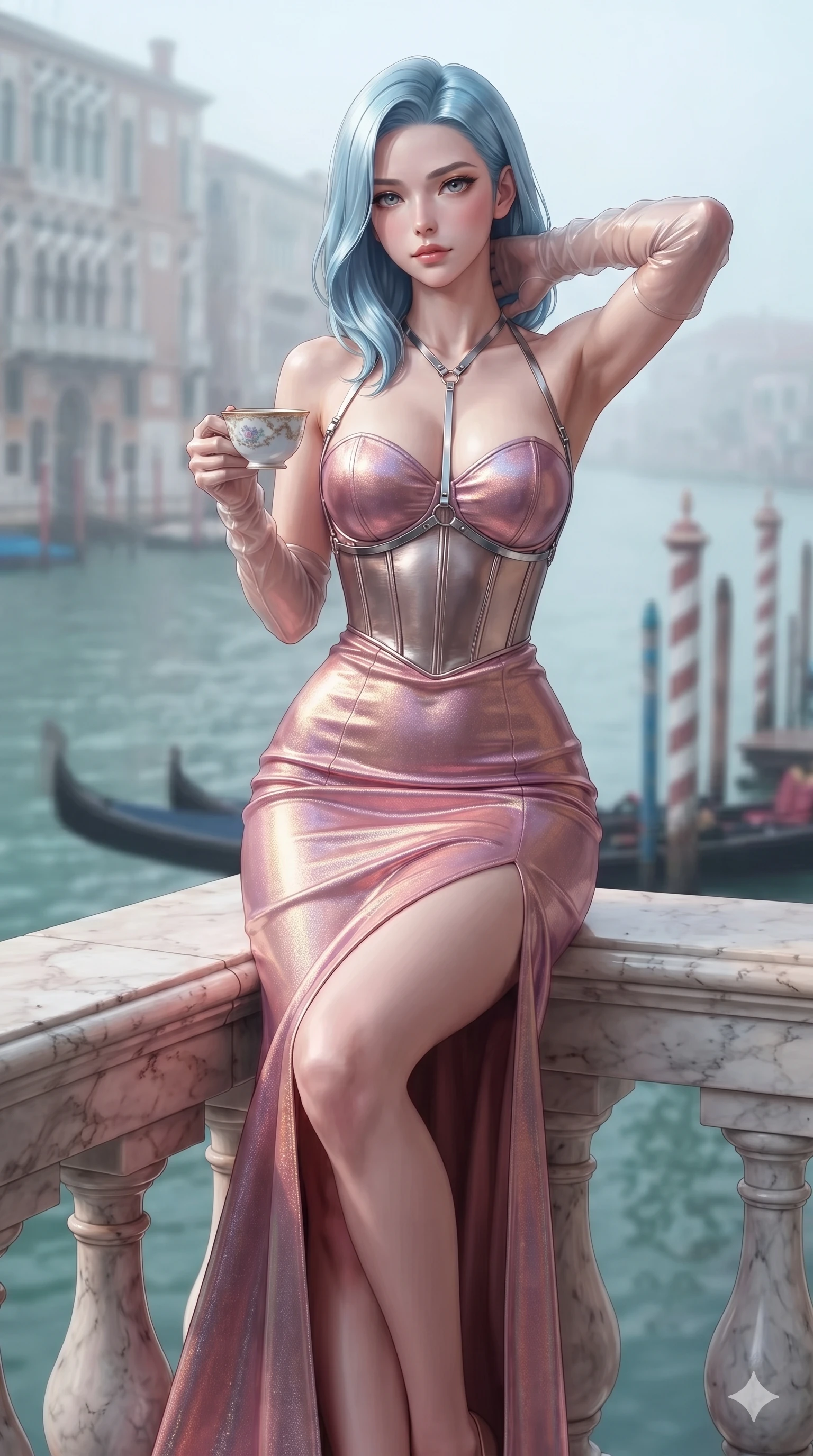 score_9, masterpiece, best quality, ultra-detailed, high-budget anime keyframe, semi-realistic 3D game render, editorial fashion photography, tasteful artistic composition, Korean woman. close-up cowboy shot from the waist and thighs up, the character dominates the composition, filling the frame with her large presence. resting both hands lightly behind her neck with elbows raised, arching her spine to highlight her narrow waist, flat midriff, and breathtaking collarbones while perching on the marble terrace parapet with legs crossed, arching her lower back while holding a delicate porcelain tea cup with sovereign anime grace. The composition keeps background elements in soft focus with creamy bokeh: mist-veiled Grand Canal waters, striped wooden gondola mooring poles, and distant gothic palazzo facades blurred into aquamarine, rose, and misty silver bokeh. She has an exceptionally elegant, slender, and willowy female figure with an ultra-slim waist, flat toned midriff, narrow ribcage, and sculpted feminine hips creating an alluring, slim hourglass silhouette without bulk. sharp v-shaped jawline, high-bridge nose, intricate jewel-like eyes with depth, thick eyelashes, glossy parted lips with a natural sheen, intensely captivating and seductive bedroom-eyes expression, flawlessly proportioned anatomical accuracy, strict slender model proportions, natural body alignment, perfectly sculpted long slender limbs, ultra-slim waistline, clean dynamic posture without body distortion. wearing a strapless velvet column gown with deep side slit, metallic leather corset bodice, and sheer opera gloves in prismatic rose-quartz and alien peach, crafted from luxurious metallic lamé that shifts radiance with every step, accented with a chrome-drop body harness subtly framing her dewy collarbones and spine, the second-skin form-contouring cut accentuating her sculpted flat midriff, narrow delicate ribcage, and gracefully curvy hips with supermodel precision. highly saturated vibrant anime colors, detailed shading with soft gradients, crisp rim lighting defining her jawline, narrow waist, and curvy hips. highly saturated vibrant anime colors, detailed shading with soft gradients, rich glossy textures, high-contrast stereoscopic depth, volumetric dynamic lighting, master piece, 9:16 ratio