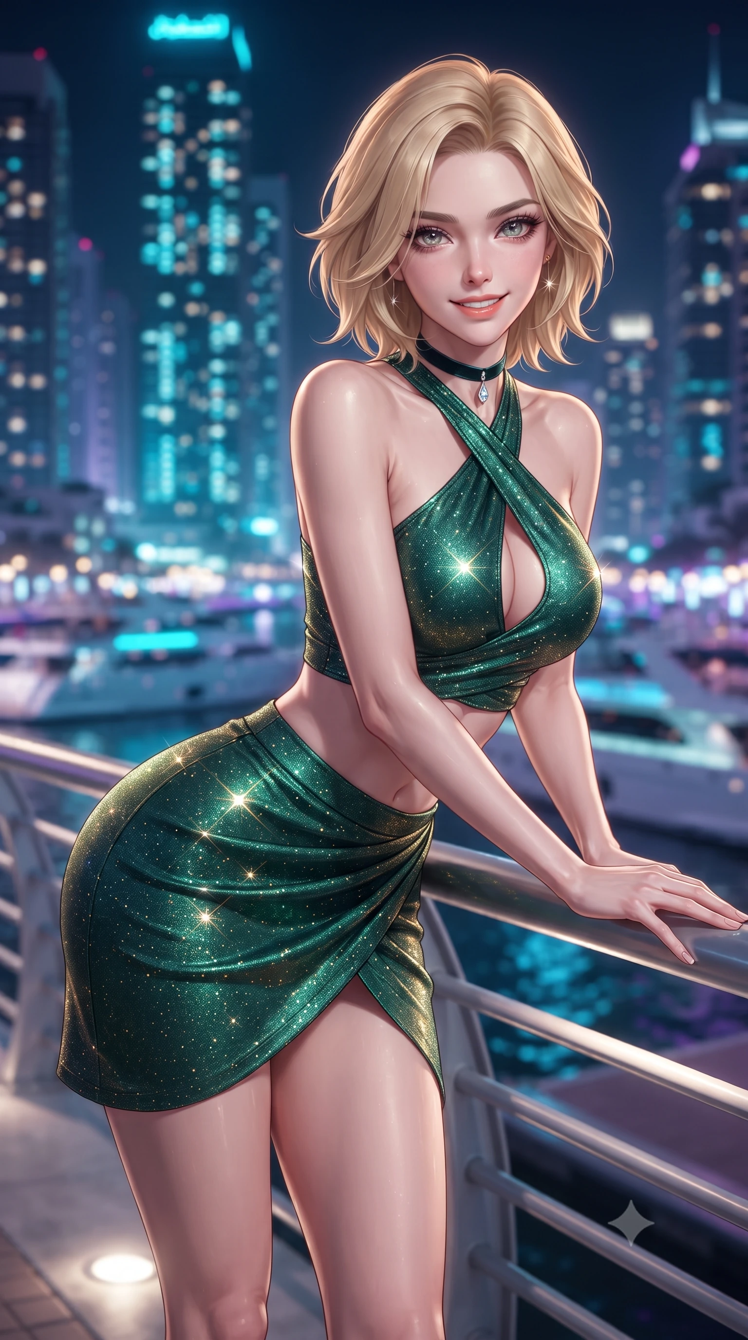 score_9, masterpiece, best quality, ultra-detailed, high-budget anime keyframe, editorial fashion photography, tasteful artistic composition, Caucasian woman. close-up cowboy shot from the waist and thighs up, the character dominates the composition, filling the frame with her large presence. leaning forward while arching her lower back to accentuate her curvy hips, looking into the camera with an intoxicating smoldering gaze and bedroom-eyes while resting one hand on the sleek bridge railing while turning in an alluring contrapposto stance, her smoldering bedroom-eyes holding the camera. The background shows a soft-focus colossal glass skyscrapers soaring hundreds of meters into the night sky, neon-lit luxury mega-yachts, and glowing canal waters blurred into cyan, violet, and gold bokeh. She has an exceptionally elegant, slender, and willowy female figure with an ultra-slim waist, flat toned midriff, narrow ribcage, and sculpted feminine hips creating an alluring, slim hourglass silhouette without bulk. sharp v-shaped jawline, high-bridge nose, intricate jewel-like sparkling eyes with depth, thick eyelashes, glossy parted lips with a natural peach sheen, bright cheerful beaming smile with an enchanting and coquettish sensual glint, exuding both youthful cute charm and seductive allure, flawlessly proportioned anatomical accuracy, strict slender model proportions, natural body alignment, perfectly sculpted long slender limbs, ultra-slim waistline, clean dynamic posture without body distortion. wearing a criss-cross halterneck keyhole bandage crop top paired with an ultra-short draped tulip mini skirt in Monte Carlo casino emerald green and polished brass, woven from stretch metallic lurex jersey casting radiant starlight glints across her curves, finished with a thin velvet ribbon choker and a single teardrop diamond pendant, the high-slit wrap tailoring accentuating her ultra-slim waistline and the enchanting curve of her feminine hips with alluring seductive charm. illuminated by ground uplights and sharp multi-colored rim lights sharply sculpting her slender torso, narrow waist, and curvy hips. ultra-reflective glossy finish, specular highlights, rich textural contrasts, high-contrast stereoscopic depth, volumetric dynamic lighting, 2k, ultra detail, master piece, 9:16 ratio
