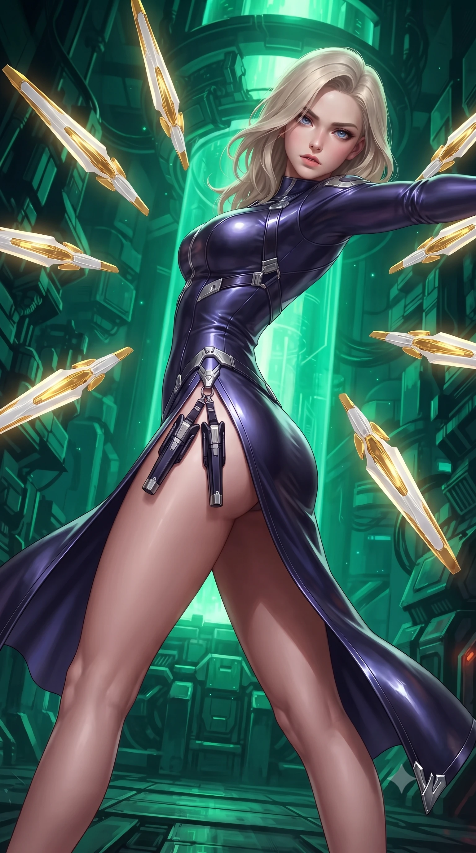 score_9, masterpiece, best quality, ultra-detailed, high-budget anime keyframe, editorial fashion photography, tasteful artistic composition, Caucasian woman. close-up cowboy shot from the waist and thighs up, the character dominates the composition, filling the frame with her large presence. stretching forward with an alluring arch of her spine, glancing over her shoulder with divine self-assurance and magnetic intensity while arching her back gracefully with full draw-string tension, her long slender legs and torso creating a sweeping line of power. The surrounding environment is rendered in vivid detail and crisp panoramic clarity. rich emerald chiaroscuro and high-tech subterranean power plant architecture captured with sharpness. She has an exceptionally elegant, slender, and willowy female figure with an ultra-slim waist, a gracefully sculpted slender torso, toned flat midriff, and a refined slim silhouette. sharp v-shaped jawline, high-bridge nose, intricate jewel-like eyes with depth, thick eyelashes, glossy lips with a natural sheen, flawlessly proportioned anatomical accuracy, strict slender model proportions, natural body alignment, perfectly sculpted long slender limbs, ultra-slim waistline, clean dynamic posture without body distortion. wearing a precision-fitted royal purple carbon-fiber battle-dress with high-slit tactical skirt and silver accents, directing eight floating nano-crystal funnel blades with sovereign gestures in arctic white carbon composite with radiant solar gold plating, made of liquid carbon-jersey fabric adhering flawlessly to her sculpted silhouette, detailed with magnetic weapon holsters and polished chrome connection clasps, the liquid-tight tailored fabric emphasizing every curve of her tall, slender model proportions and sculptured silhouette during dynamic movement. bathed in intense radiant emerald crystal core backlighting and glowing photon bow illumination. ultra-reflective glossy finish, specular highlights, dark metallic sheen, high-contrast stereoscopic depth, volumetric dynamic lighting, 2k, ultra detail, master piece, 9:16 ratio