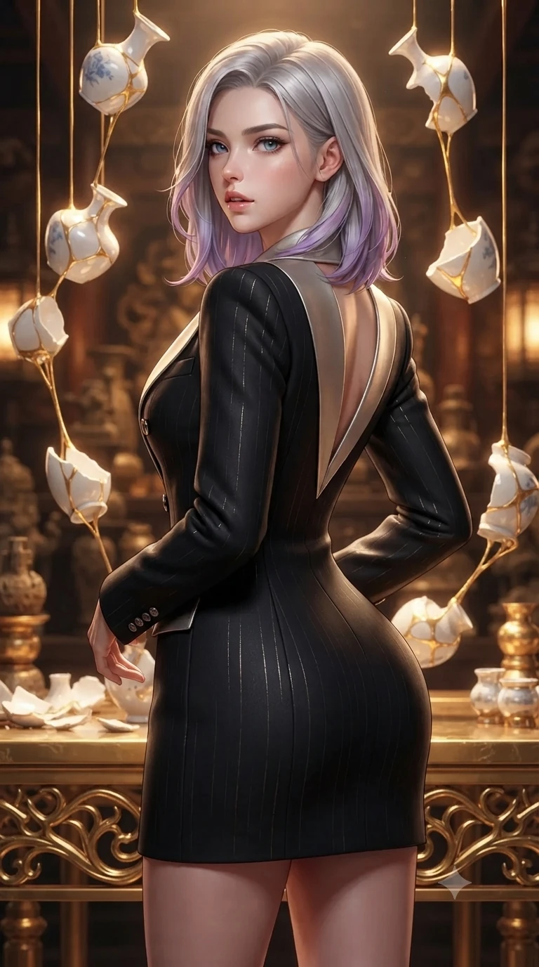 score_9, masterpiece, best quality, ultra-detailed, high-budget anime keyframe, editorial fashion photography, tasteful artistic composition, Caucasian woman. close-up cowboy shot from the waist and thighs up, the character dominates the composition, filling the frame with her large presence. posing in an alluring rear three-quarter angle, looking over a bare shoulder with parted glossy lips, her hips cocked back to highlight her slim hourglass curve while standing poised on the golden filigree altar as liquid gold streams connect suspended porcelain vase fragments, arching her lower back with sovereign supermodel grace while golden light threads bind broken ceramic pieces in dynamic orbital motion. The surrounding environment is rendered in vivid detail and crisp panoramic clarity: detailed haute-couture tailoring, gold-leaf embroidery accents, and sacred neoclassical architecture in razor-sharp precision. She has an exceptionally elegant, slender, and willowy female figure with an ultra-slim waist, flat toned midriff, narrow ribcage, and sculpted feminine hips creating an alluring, slim hourglass silhouette without bulk. sharp v-shaped jawline, high-bridge nose, intricate jewel-like sparkling eyes with depth, thick eyelashes, glossy parted lips with a natural peach sheen, bright cheerful beaming smile with an enchanting and coquettish sensual glint, exuding both youthful cute charm and seductive allure, flawlessly proportioned anatomical accuracy, strict slender model proportions, natural body alignment, perfectly sculpted long slender limbs, ultra-slim waistline, clean dynamic posture without body distortion. wearing a tailored double-breasted blazer dress with subtle metallic pin-stripes and structured lapels in deep obsidian black and liquid molten platinum, crafted from bespoke double-faced cashmere with an exceptionally soft tactile finish, finished with sleek magnetic buckle closures fluttering in the breeze, the bespoke structured tailoring following the natural line of her 8.5-heads silhouette with refined elegance. bathed in the majestic warm 2600K inner radiance of golden kintsugi veins mixed with soft ambient temple lantern light. ultra-reflective glossy finish, specular highlights, rich textural contrasts, high-contrast stereoscopic depth, volumetric dynamic lighting, 2k, ultra detail, master piece, 9:16 ratio