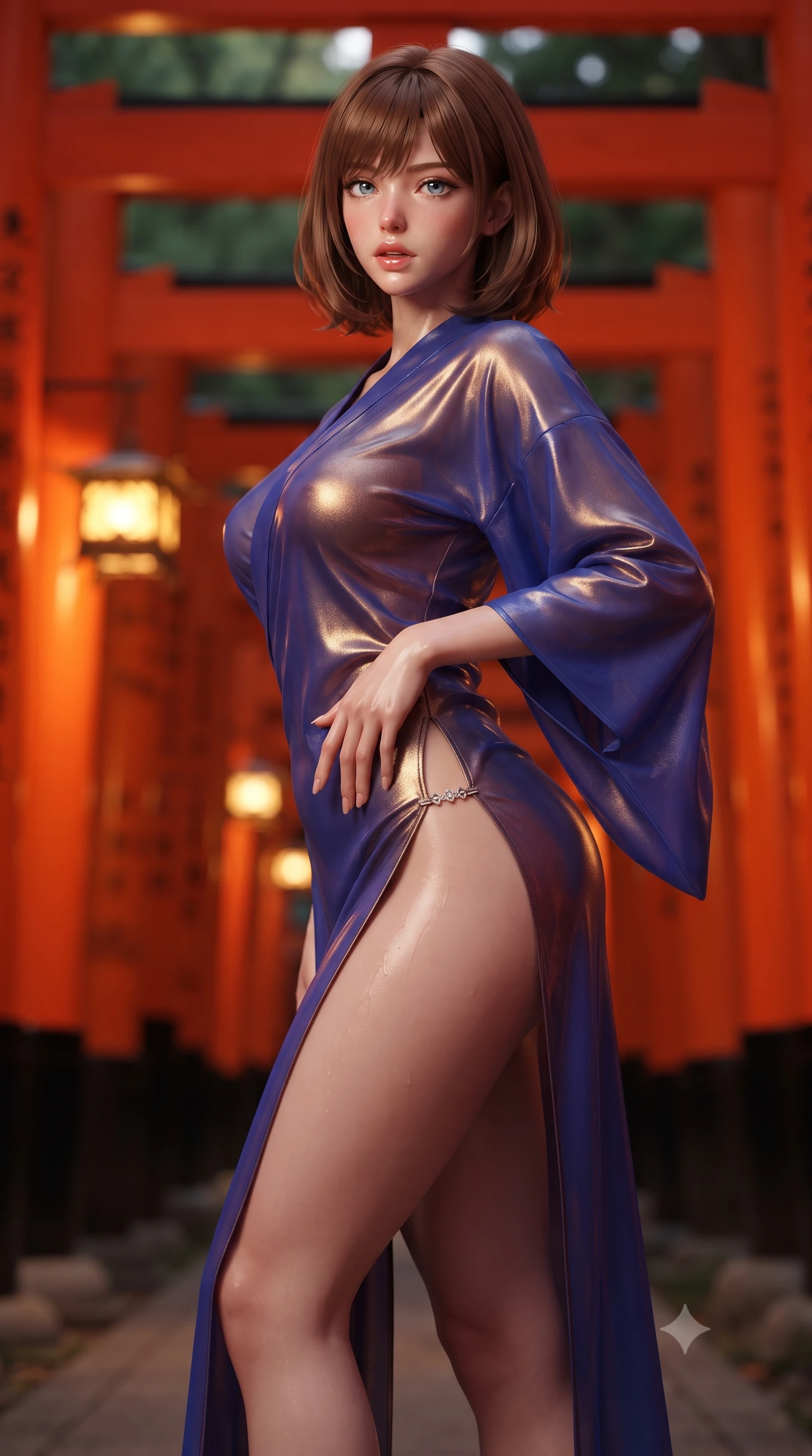 score_9, masterpiece, best quality, ultra-detailed, high-budget anime keyframe, semi-realistic 3D game render, editorial fashion photography, tasteful artistic composition, Caucasian woman. close-up cowboy shot from the waist and thighs up, the character dominates the composition, filling the frame with her large presence. resting one manicured hand delicately on her hip bone, her upper body turning in a fluid, seductive S-curve while parted lips glisten in the light while striding gracefully down the winding mountain path through thousands of vibrant vermilion torii gates, arching her back as warm lantern light traces her curves. The composition keeps background elements in soft focus with creamy bokeh. endless tunnel of bright vermilion torii arches and glowing stone lantern flames blurred into rich vermilion, amber, and deep forest-green bokeh. She has an exceptionally elegant, slender, and willowy female figure with an ultra-slim waist, flat toned midriff, narrow ribcage, and sculpted feminine hips creating an alluring, slim hourglass silhouette without bulk. sharp v-shaped jawline, high-bridge nose, intricate jewel-like eyes with depth, thick eyelashes, glossy parted lips with a natural sheen, intensely captivating and seductive bedroom-eyes expression, flawlessly proportioned anatomical accuracy, strict slender model proportions, natural body alignment, perfectly sculpted long slender limbs, ultra-slim waistline, clean dynamic posture without body distortion. wearing a delicate semi-translucent silk yukata that clings to her wet skin and curvy hip contours in royal sapphire blue and liquid bronze, crafted from luxurious metallic lamé that shifts radiance with every step, finished with an ultra-high side slit secured by miniature jeweled clasps, the glove-like aerodynamic silhouette tightly following the natural contour of her hips and long slender legs with statuesque 8.5-heads elegance. bathed in rich, warm vermilion bounce light from the hundreds of lacquer pillars and soft lantern glow. highly saturated vibrant anime colors, detailed shading with soft gradients, rich glossy textures, high-contrast stereoscopic depth, volumetric dynamic lighting, master piece, 9:16 ratio