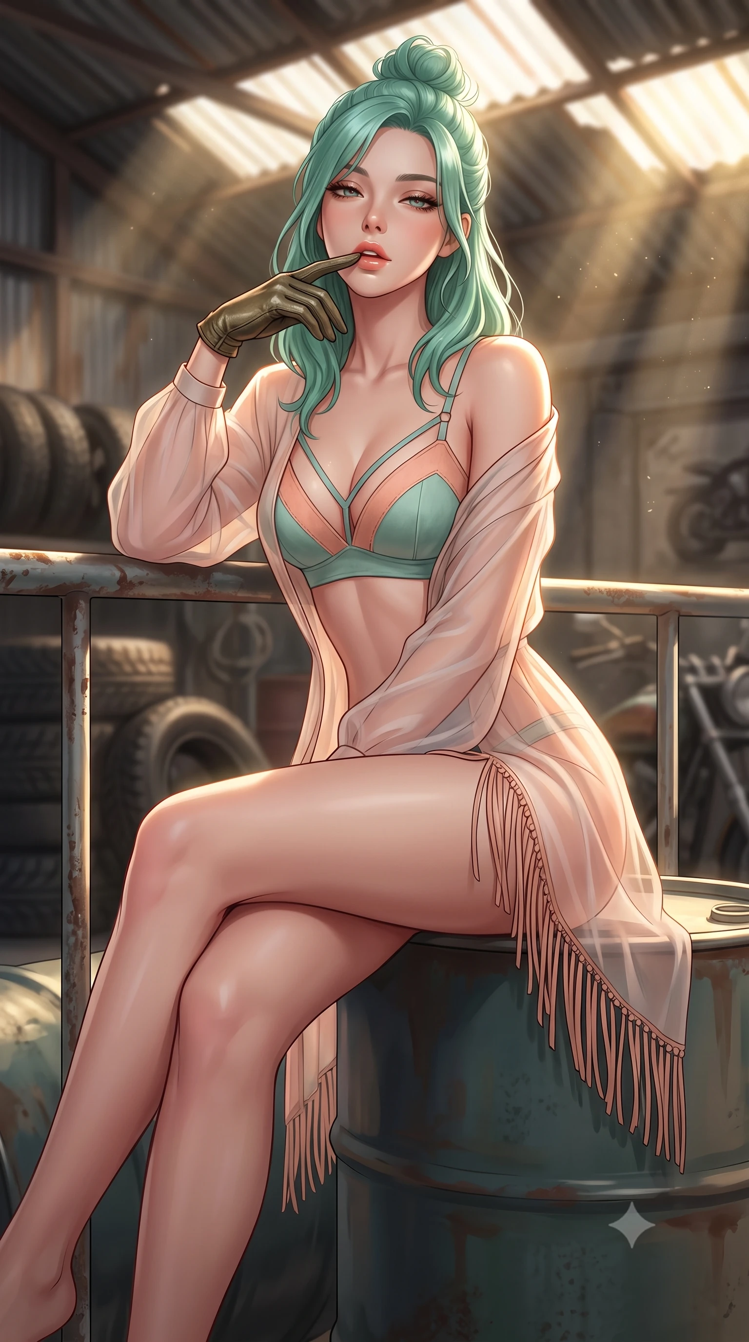 score_9, masterpiece, best quality, ultra-detailed, high-budget anime keyframe, semi-realistic 3D game render, editorial fashion photography, tasteful artistic composition, Japanese woman. close-up cowboy shot from the waist and thighs up, the character dominates the composition, filling the frame with her large presence. leaning back against the balustrade with relaxed seductive grace, head tilted back slightly while casting a hypnotic, heavy-lidded gaze while perched sideways on an oil drum with legs crossed, resting a greasy gloved finger near her glossy parted lips with playful allure. The background shows a soft-focus motorcycle tire stacks softened in gritty mechanical shallow focus. She has an exceptionally elegant, slender, and willowy female figure with an ultra-slim waist, flat toned midriff, narrow ribcage, and sculpted feminine hips creating an alluring, slim hourglass silhouette without bulk. sharp v-shaped jawline, high-bridge nose, sparkling eyes with hypnotic seductive depth, thick curled eyelashes, glossy parted lips with a natural dewy peach sheen, alluring bedroom-eyes with an enchanting coquettish smile, exuding magnetic siren charisma and sophisticated glamour, flawlessly proportioned anatomical accuracy, strict slender model proportions, natural body alignment, perfectly sculpted long slender limbs, ultra-slim waistline, clean dynamic posture without body distortion. wearing a delicate sheer chiffon western duster robe slipping off bare shoulders over a matching strappy suede bralette in pastel peach blossom and Aegean seafoam green, made of sheer gossamer chiffon that drapes softly against skin with airy translucence, finished with a delicate leather fringe trim fluttering along her hip line with kinetic charm, the second-skin tailored fabric adhering flawlessly to her sculpted flat midriff and slender torso, emphasizing her long leg lines and perfectly proportioned willowy build. bathed in dramatic shafts of golden afternoon sunlight cutting through corrugated roof cracks. highly saturated vibrant anime colors, detailed shading with soft gradients, rich glossy textures, high-contrast stereoscopic depth, volumetric dynamic lighting, master piece, 9:16 ratio