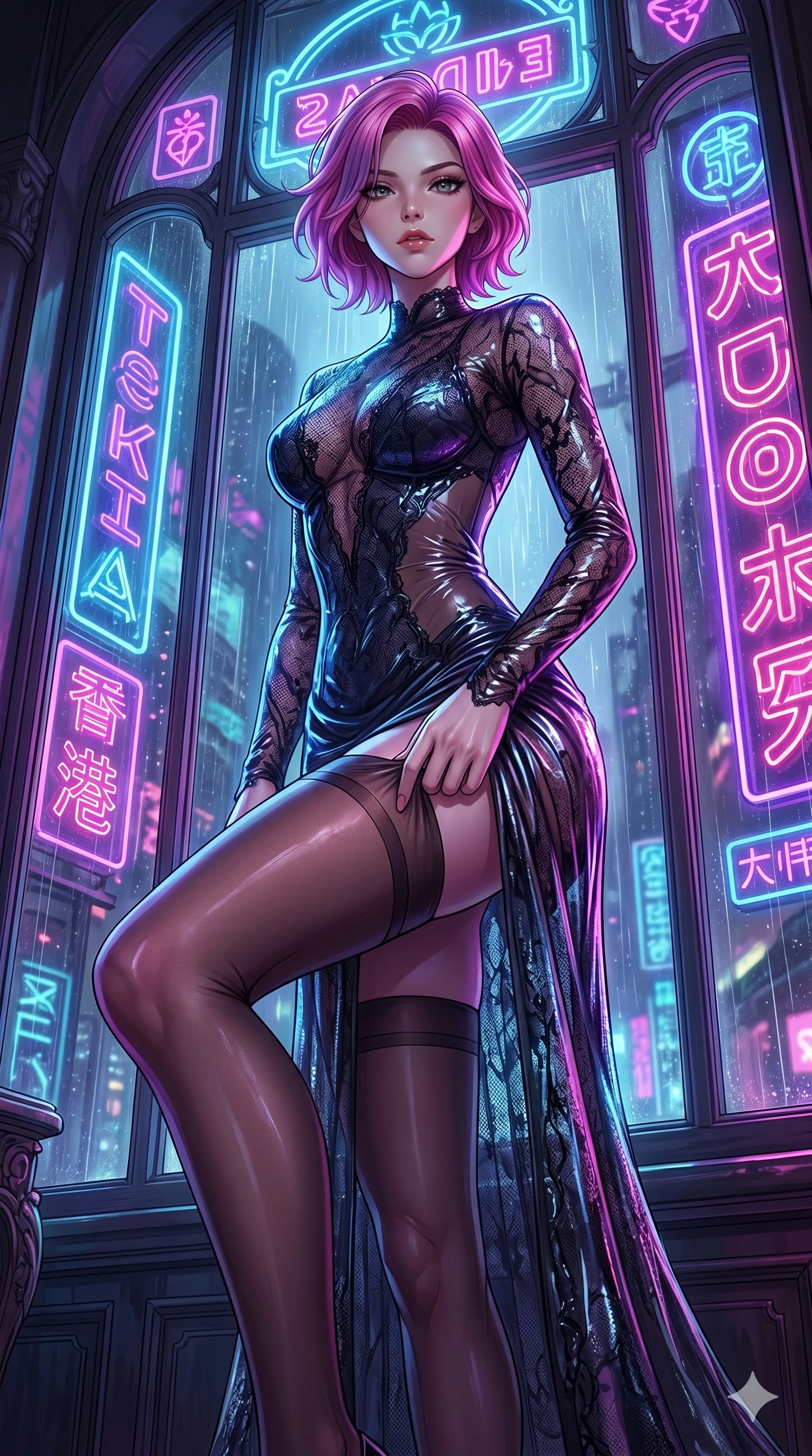 score_9, masterpiece, best quality, ultra-detailed, High-budget Anime Keyframe, East Asian woman. Low angle cowboy shot filling the entire 9:16 frame with her statuesque presence. Scenario 277: Adjusting her thigh-high stocking by a glowing neon window. Her presence is magnetic and overpowering in this high-budget anime scene. Outfit 277: A micro-mesh lace long with a sheer panels and wet-look texture. The clothing is designed to emphasize her exceptionally tall and slender 8-heads proportion. 8-heads proportion, towering silhouette, ultra-slim waist. sharp v-shaped jawline, intricate jewel-like eyes with depth, thick eyelashes, glossy lips. 2k, ultra detail, master piece, 9:16 ratio
