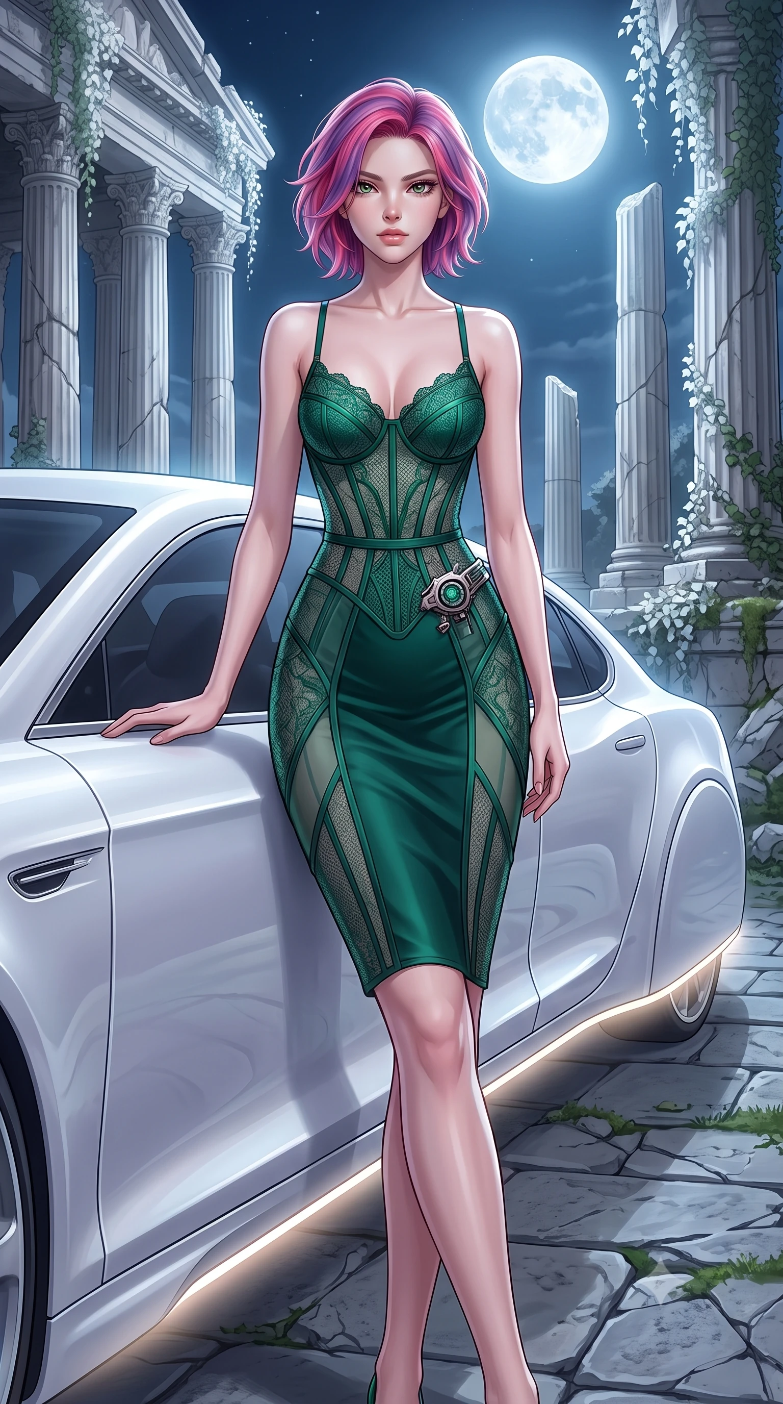 score_9, masterpiece, best quality, ultra-detailed, High-budget Anime Keyframe, Caucasian woman, strictly human ears. Low angle cowboy shot filling the entire 9:16 frame with her statuesque presence. Scenario 443: leaning against a sleek white hover-limousine by a moonlit ancient temple with collapsing marble pillars and white ivy. Her presence is magnetic and overpowering in this high-budget anime scene. Outfit 443: a form-contouring emerald green micro-mesh lace corset dress featuring layered translucent panels over a sleek slip dress. The clothing is designed to emphasize her exceptionally tall and slender 8-heads proportion. 8-heads proportion, towering silhouette, ultra-slim waist. sharp v-shaped jawline, intricate jewel-like eyes with depth, thick eyelashes, glossy lips. 2k, ultra detail, master piece, 9:16 ratio