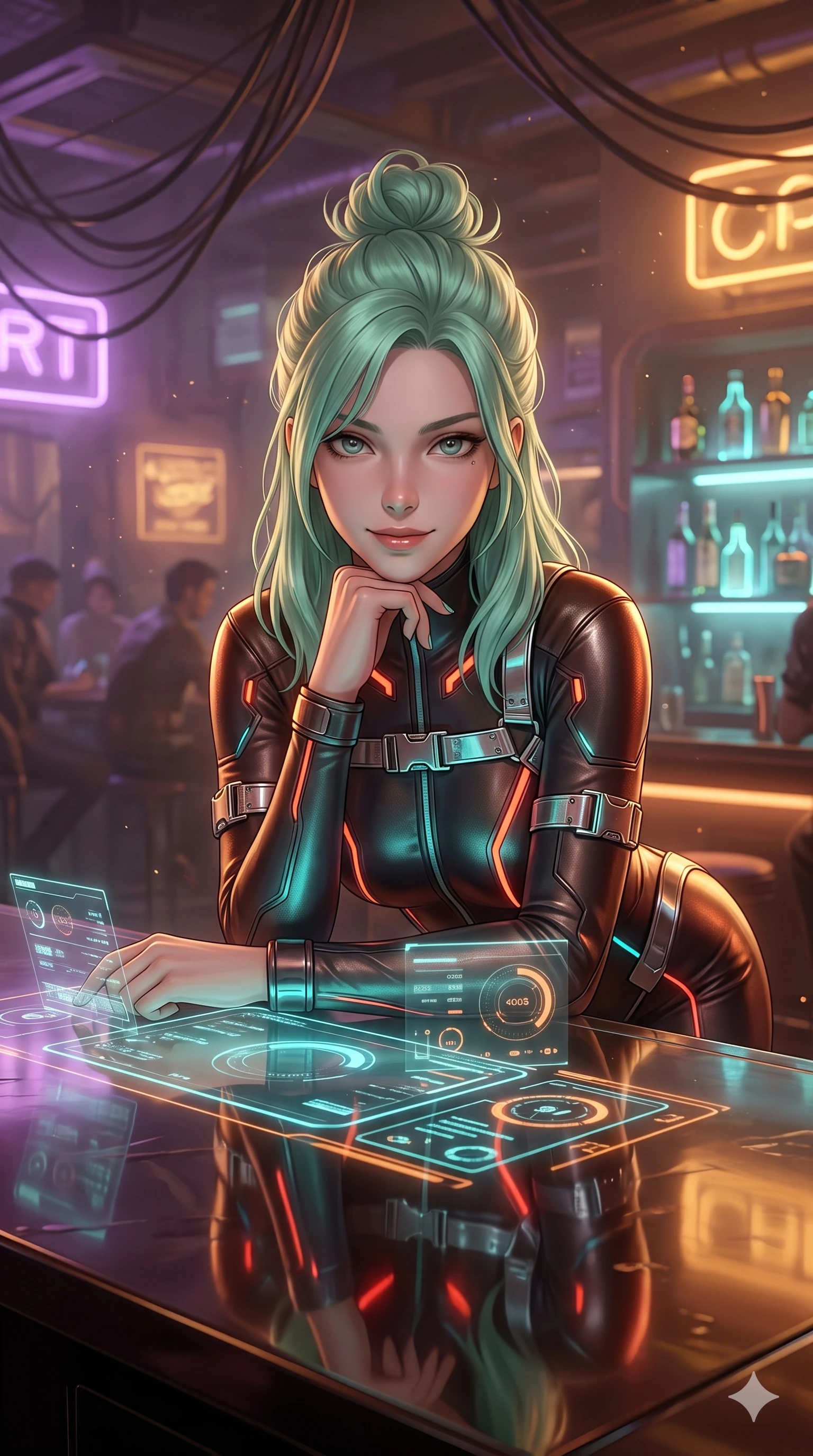 score_9, masterpiece, best quality, ultra-detailed, high-budget anime keyframe, semi-realistic 3D game render, editorial fashion photography, tasteful artistic composition, Japanese woman. close-up cowboy shot from the waist and thighs up, the character dominates the composition, filling the frame with her large presence. leaning forward over the holographic console while arching her lower back to accentuate her curvy hips, looking into the camera with an intoxicating smoldering bedroom-gaze while leaning against the mirror-polished counter with hips cocked back, resting her chin on one hand while casting an alluring bedroom-gaze into the camera. The background shows a soft-focus hazy speakeasy atmosphere softened in underground cyber bar shallow focus. She has an exceptionally elegant, slender, and willowy female figure with an ultra-slim waist, flat toned midriff, narrow ribcage, and sculpted feminine hips creating an alluring, slim hourglass silhouette without bulk. sharp v-shaped jawline, high-bridge nose, intricate jewel-like sparkling eyes with depth, thick eyelashes, glossy parted lips with a natural sheen, bright confident smile with an enchanting and coquettish sensual glint, exuding both youthful magnetic charm and sovereign high-tech allure, flawlessly proportioned anatomical accuracy, strict slender model proportions, natural body alignment, perfectly sculpted long slender limbs, ultra-slim waistline, clean dynamic posture without body distortion. wearing a form-contouring semi-opaque dark mesh catsuit with carbon-plated cups and fine lace-pattern panels across her torso in cyber-shinto vermilion and laser turquoise, woven from fine semi-opaque stretch illusion mesh tracing her slender contours, accented with a chrome-drop body harness subtly framing her dewy collarbones and spine, the bespoke structured tailoring following the natural line of her 8.5-heads silhouette with refined elegance. bathed in the warm, moody amber and soft purple under-counter mood lighting with crisp laser accent beams. highly saturated vibrant anime colors, detailed shading with soft gradients, rich glossy textures, high-contrast stereoscopic depth, volumetric dynamic lighting, master piece, 9:16 ratio