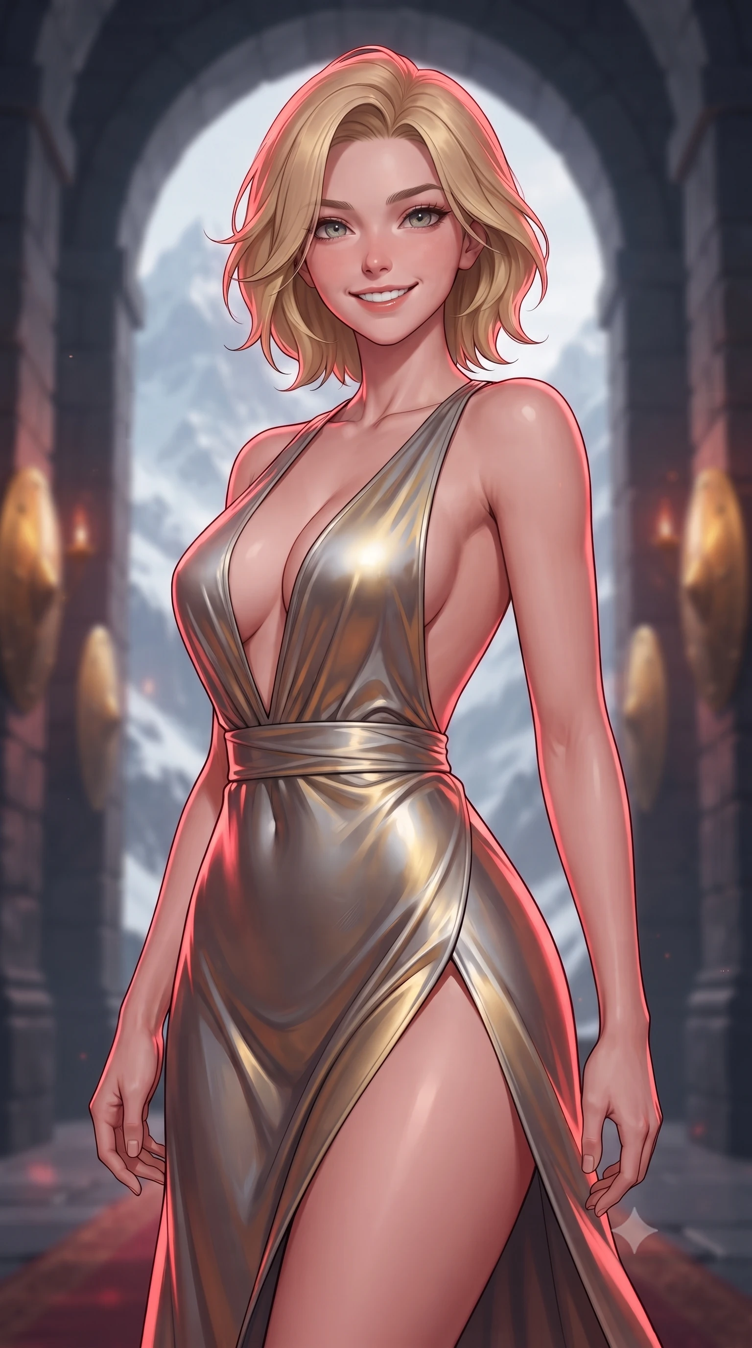 score_9, masterpiece, best quality, ultra-detailed, high-budget anime keyframe, editorial fashion photography, tasteful artistic composition, gorgeous anime illustration, with clean line-art, distinct ink outlines, and high-contrast stereoscopic depth, Caucasian woman, strictly human ears. close-up cowboy shot from the waist and thighs up, the character dominates the composition, filling the frame with her large presence, background elements kept in soft focus. Beaming with a wide, friendly smile that lights up her entire face. set against a soft-focus background of in a monumental Nordic stone feast hall with giant floating golden shields along the walls, looking out of giant stone arches onto a majestic snow-covered mountain range. She has an exceptionally elegant, slender, and willowy female figure with a highly-defined ultra-slim waist, a gracefully sculpted slender torso, and a refined slim-fit silhouette that contours her form. sharp v-shaped jawline, high-bridge nose, intricate jewel-like eyes with depth, thick eyelashes, glossy lips with a natural sheen. wearing a deep plunging-V neck maxi dress in a liquid silver and gold gradient, featuring a bold open-back and a daring high slit. deep crimson theatrical lighting with sharp specular highlights on every curve. 2k, ultra detail, master piece, 9:16 ratio, highly saturated vibrant anime colors, detailed cel-shading with soft gradients, rich glossy textures, deep contrast, volumetric dynamic lighting, 2d animation style