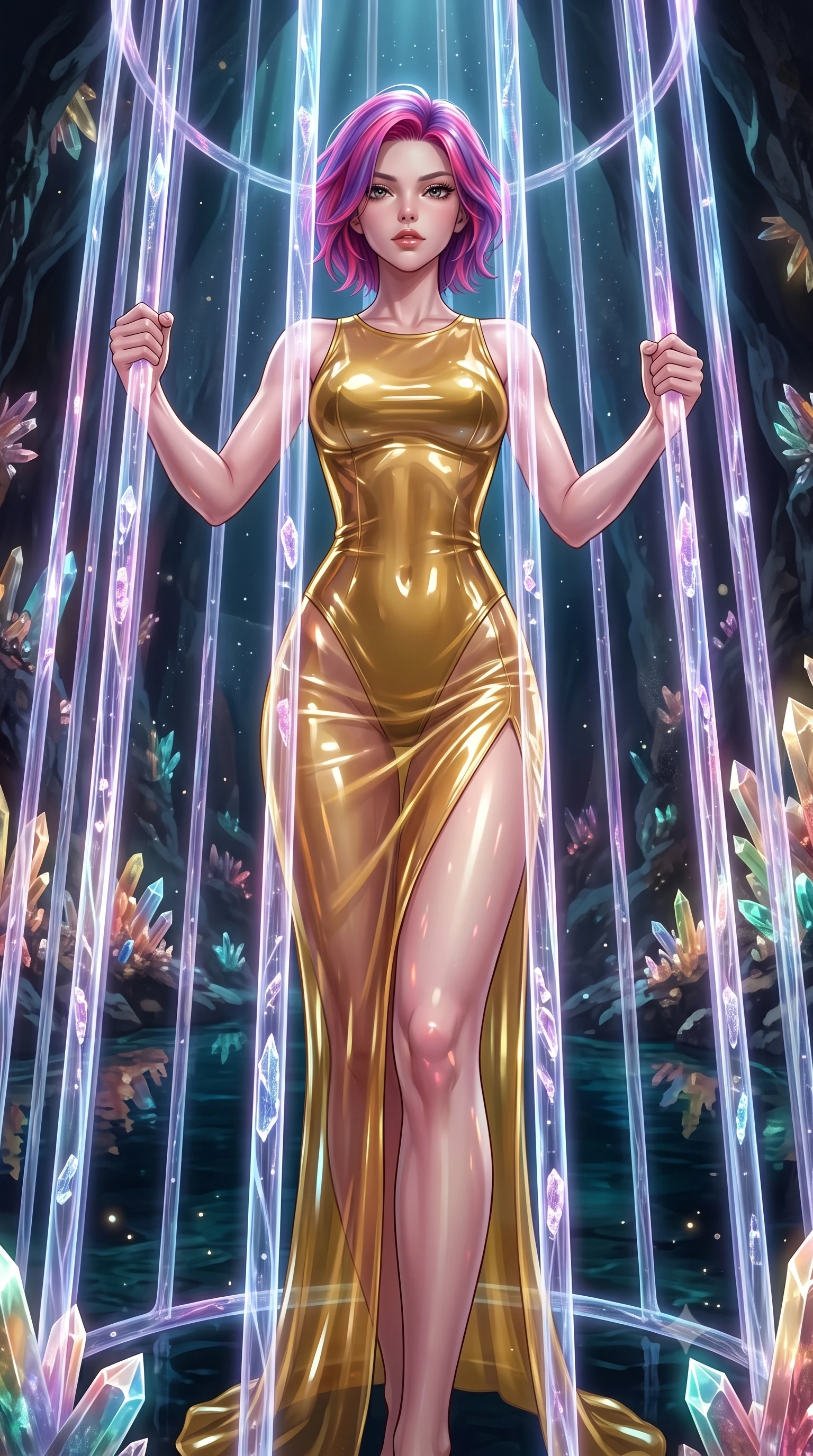 score_9, masterpiece, best quality, ultra-detailed, High-budget Anime Keyframe, Caucasian woman, strictly human ears. Low angle cowboy shot filling the entire 9:16 frame with her statuesque presence. Scenario 385: trapped in a cage of glowing crystalline fibers, her body pressing against the bars, in an underground cave lined with glowing quartz crystals and deep pools. Her presence is magnetic and overpowering in this high-budget anime scene. Outfit 385: a form-contouring translucent PVC gold with a thigh-high slit and tight-fitting silhouette. The clothing is designed to emphasize her exceptionally tall and slender 8-heads proportion. 8-heads proportion, towering silhouette, ultra-slim waist. sharp v-shaped jawline, intricate jewel-like eyes with depth, thick eyelashes, glossy lips. 2k, ultra detail, master piece, 9:16 ratio