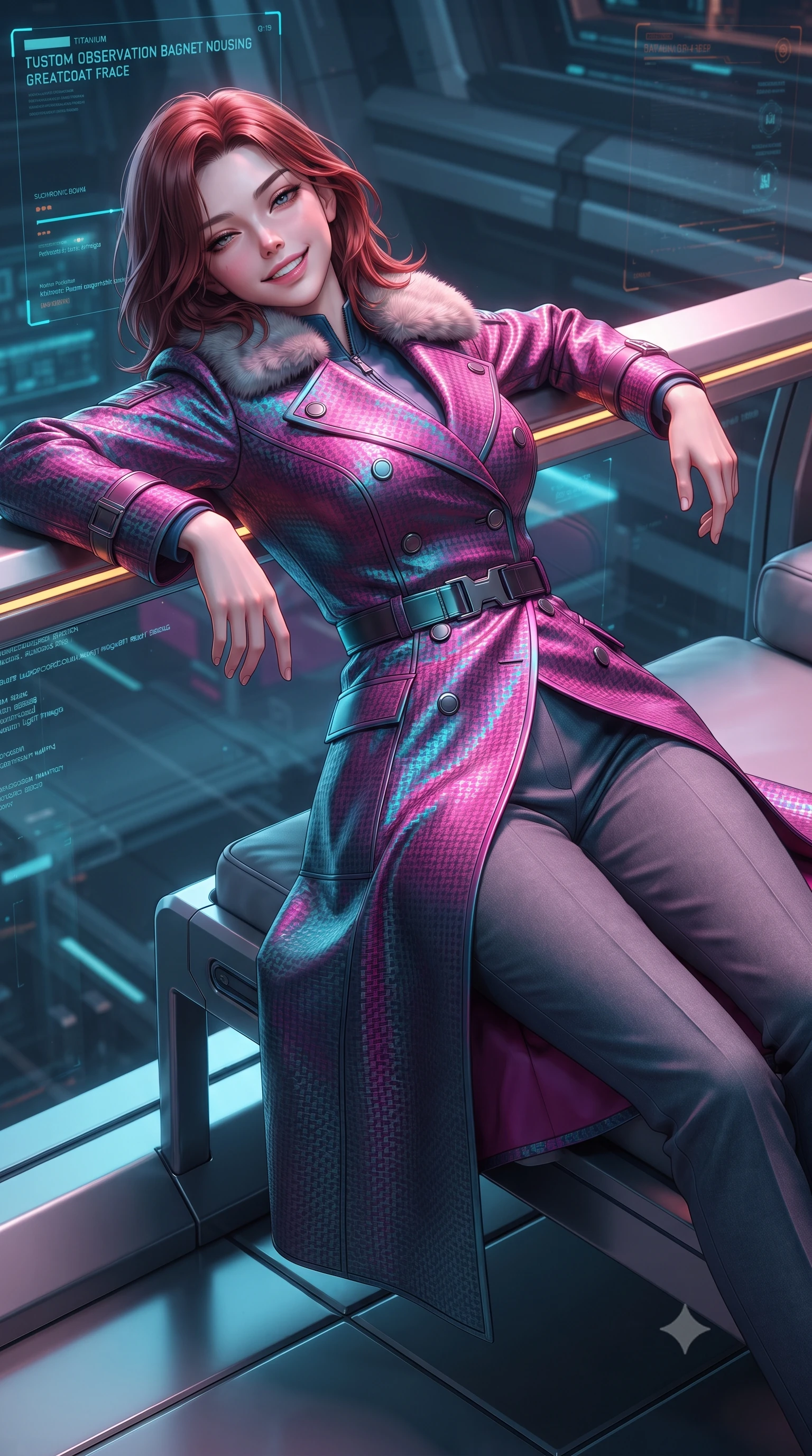 score_9, masterpiece, best quality, ultra-detailed, high-budget anime keyframe, editorial fashion photography, tasteful artistic composition, Korean woman. close-up cowboy shot from the waist and thighs up, the character dominates the composition, filling the frame with her large presence. leaning back against the balustrade with relaxed seductive grace, head tilted back slightly while casting a hypnotic, heavy-lidded gaze while lounging gracefully across the titanium observation daybed propped on one elbow with legs extended, displaying her long slender limbs and statuesque hourglass silhouette against the bent space matrix. The surrounding environment is rendered in vivid detail and crisp panoramic clarity: sharp superconducting magnet housing seams, relativistic light fringes, and holographic containment telemetry in deep focus. She has an exceptionally elegant, slender, and willowy female figure with an ultra-slim waist, flat toned midriff, narrow ribcage, and sculpted feminine hips creating an alluring, slim hourglass silhouette without bulk. sharp v-shaped jawline, high-bridge nose, intricate jewel-like sparkling eyes with depth, thick eyelashes, glossy parted lips with a natural peach sheen, bright cheerful beaming smile with an enchanting and coquettish sensual glint, exuding both youthful cute charm and seductive allure, flawlessly proportioned anatomical accuracy, strict slender model proportions, natural body alignment, perfectly sculpted long slender limbs, ultra-slim waistline, clean dynamic posture without body distortion. wearing a futuristic double-breasted arctic combat officer greatcoat with thermal fur-lined collar and tailored wool trousers in Shinjuku acid-rain magenta and cyan neon, woven from structured carbon-fiber jacquard with rich textural depth, finished with sleek magnetic buckle closures fluttering in the breeze, the bespoke structured tailoring following the natural line of her 8.5-heads silhouette with refined elegance. illuminated by titanium bridge reflection bounce and sharp relativistic gold rim lights sculpting her razor-sharp jawline, narrow waist, and curvy hips. ultra-reflective glossy finish, specular highlights, rich textural contrasts, high-contrast stereoscopic depth, volumetric dynamic lighting, 2k, ultra detail, master piece, 9:16 ratio