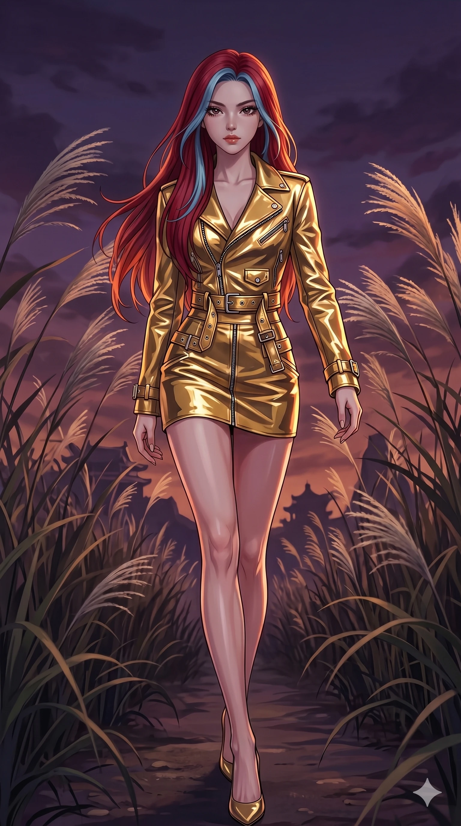 score_9, masterpiece, best quality, ultra-detailed, High-budget Anime Keyframe, East Asian woman. Dynamic full-body shot stretching the vertical silhouette to the limit. Scenario 78: Walking through a field of tall silver grass at twilight. Her presence is magnetic and overpowering in this high-budget anime scene. Outfit 78: A patent leather gold with a unzipped detail and metallic buckles. The clothing is designed to emphasize her exceptionally tall and slender 8-heads proportion. 8-heads proportion, towering silhouette, ultra-slim waist. sharp v-shaped jawline, intricate jewel-like eyes with depth, thick eyelashes, glossy lips. 2k, ultra detail, master piece, 9:16 ratio