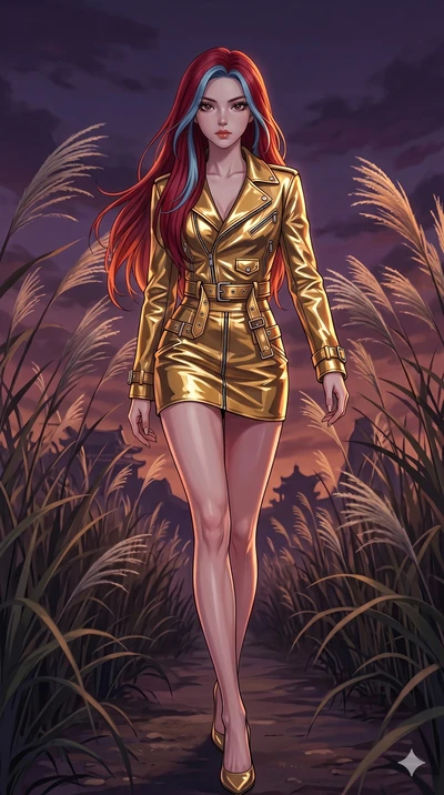 score_9, masterpiece, best quality, ultra-detailed, High-budget Anime Keyframe, East Asian woman. Dynamic full-body shot stretching the vertical silhouette to the limit. Scenario 78: Walking through a field of tall silver grass at twilight. Her prese