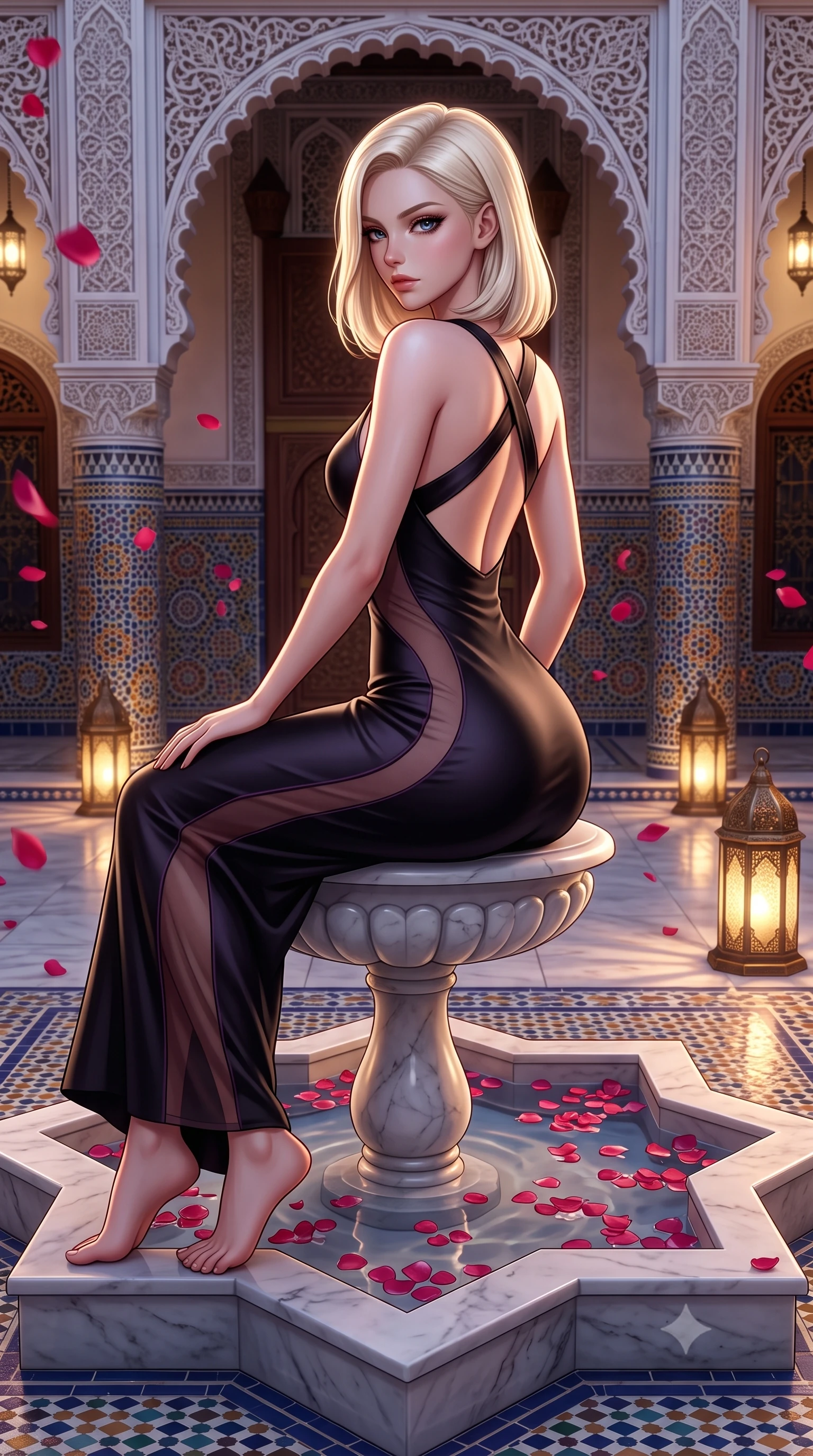 score_9, masterpiece, best quality, ultra-detailed, high-budget anime keyframe, semi-realistic 3D game render, editorial fashion photography, tasteful artistic composition, Caucasian woman. low angle full-body shot from head to toe showing her feet, filling the entire 9:16 vertical frame with her statuesque presence, stretching her vertical silhouette. posing with back turned slightly to the lens, glancing back with smoldering allure as she arches her lower back to emphasize her sculpted feminine hips and slender waist while sitting on the edge of the central star-shaped marble fountain filled with floating rose petals, arching her lower back as dappled lantern light traces her curves. The surrounding environment is rendered in vivid detail and crisp panoramic clarity. detailed silk caftan sheen, floating rose petal textures, and Moroccan architectural filigree in high resolution. She has an exceptionally tall and slender model-like 8.5-heads proportion, an ultra-slim waist, a flat toned midriff, narrow delicate ribcage, and beautifully sculpted feminine hips creating a graceful, slim hourglass silhouette without any bulky heaviness, with impossibly long slender legs. sharp v-shaped jawline, high-bridge nose, intricate jewel-like eyes with depth, thick eyelashes, glossy parted lips with a natural sheen, intensely captivating and seductive bedroom-eyes expression, flawlessly proportioned anatomical accuracy, strict slender model proportions, natural body alignment, perfectly sculpted long slender limbs, ultra-slim waistline, clean dynamic posture without body distortion. wearing a second-skin black silk jersey maxi dress with asymmetrical sheer mesh side panels tracing the full curve of her hip in deep plum violet and antique bronze, tailored from ultra-smooth duchess satin with a pearlescent sheen, finished with criss-cross back satin straps highlighting her graceful shoulder blades, the glove-like aerodynamic silhouette tightly following the natural contour of her hips and long slender legs with statuesque 8.5-heads elegance. illuminated by soft ambient courtyard lanterns accentuating her sculpted collarbones, narrow waist, and curvy hips. highly saturated vibrant anime colors, detailed shading with soft gradients, rich glossy textures, high-contrast stereoscopic depth, volumetric dynamic lighting, master piece, 9:16 ratio