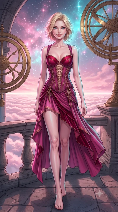 score_9, masterpiece, best quality, ultra-detailed, high-budget anime keyframe, editorial fashion photography, tasteful artistic composition, Caucasian woman, strictly human ears. low angle full-body shot from head to toe showing her feet, filling th