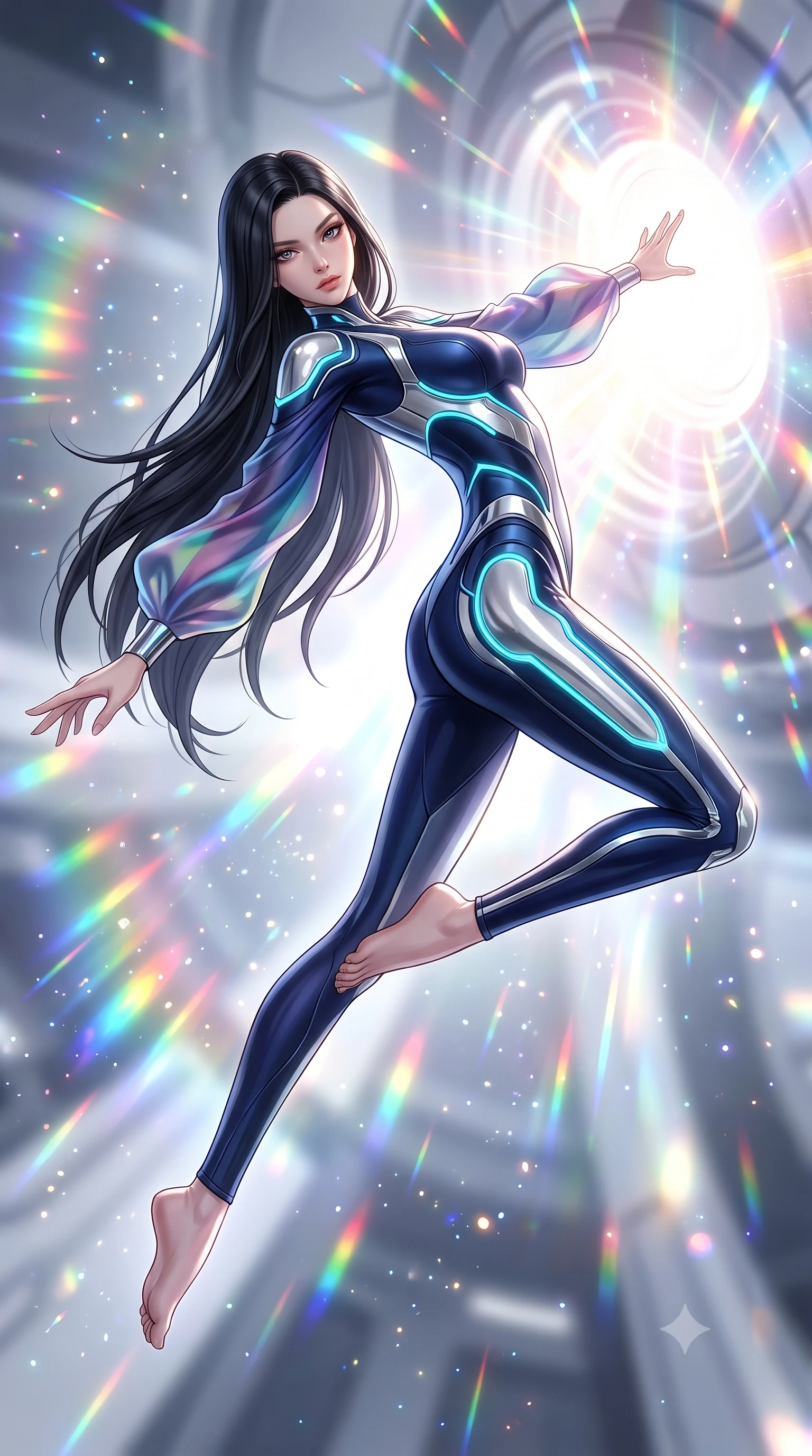 score_9, masterpiece, best quality, ultra-detailed, high-budget anime keyframe, editorial fashion photography, tasteful artistic composition, Korean woman. low angle full-body shot from head to toe showing her feet, filling the entire 9:16 vertical frame with her statuesque presence, stretching her vertical silhouette. performing an alluring mid-air vault with flawless poise, looking directly into the camera with regal, divine intensity while arching her spine in a fluid zero-gravity stretch with arms outstretched toward the glowing heart of the warp core. The composition keeps background elements in soft focus with creamy bokeh. sparkling subatomic light particles scattering celestial brilliance across the background. She has an absolutely perfect, statuesque 8.5-heads proportion, an exceptionally tall and slender model-like female figure with impossibly long slender legs, a toned flat midriff, and an ultra-slim waist. sharp v-shaped jawline, high-bridge nose, intricate jewel-like eyes with depth, thick eyelashes, glossy lips with a natural sheen, flawlessly proportioned anatomical accuracy, strict slender model proportions, natural body alignment, perfectly sculpted long slender limbs, ultra-slim waistline, clean dynamic posture without body distortion. wearing a statuesque midnight cobalt and polished platinum bodysuit featuring sleek aerodynamic contour lines and glowing circuit accents in polished mirror chrome and glowing electric cyan neon, made of smooth flowing silk chiffon that shifts colors with movement, featuring a sleek aerodynamic collar framed by subtle glowing cybernetic accents, the glove-like aerodynamic second-skin fit tightly clinging to her ultra-slender waist and athletic curves without adding bulk, accentuating her razor-sharp statuesque lines and slim hourglass silhouette. bathed in brilliant white-hot warp core radiance and saturated rainbow particle prism refractions. ultra-reflective glossy finish, specular highlights, dark metallic sheen, high-contrast stereoscopic depth, volumetric dynamic lighting, 2k, ultra detail, master piece, 9:16 ratio