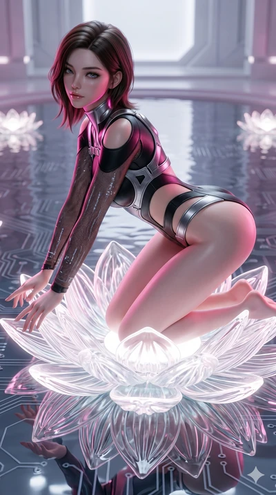 score_9, masterpiece, best quality, ultra-detailed, high-budget anime keyframe, semi-realistic 3D game render, Korean woman. Upper body close-up from the thighs up, character filling the screen for maximum presence. She is kneeling on a giant glowing