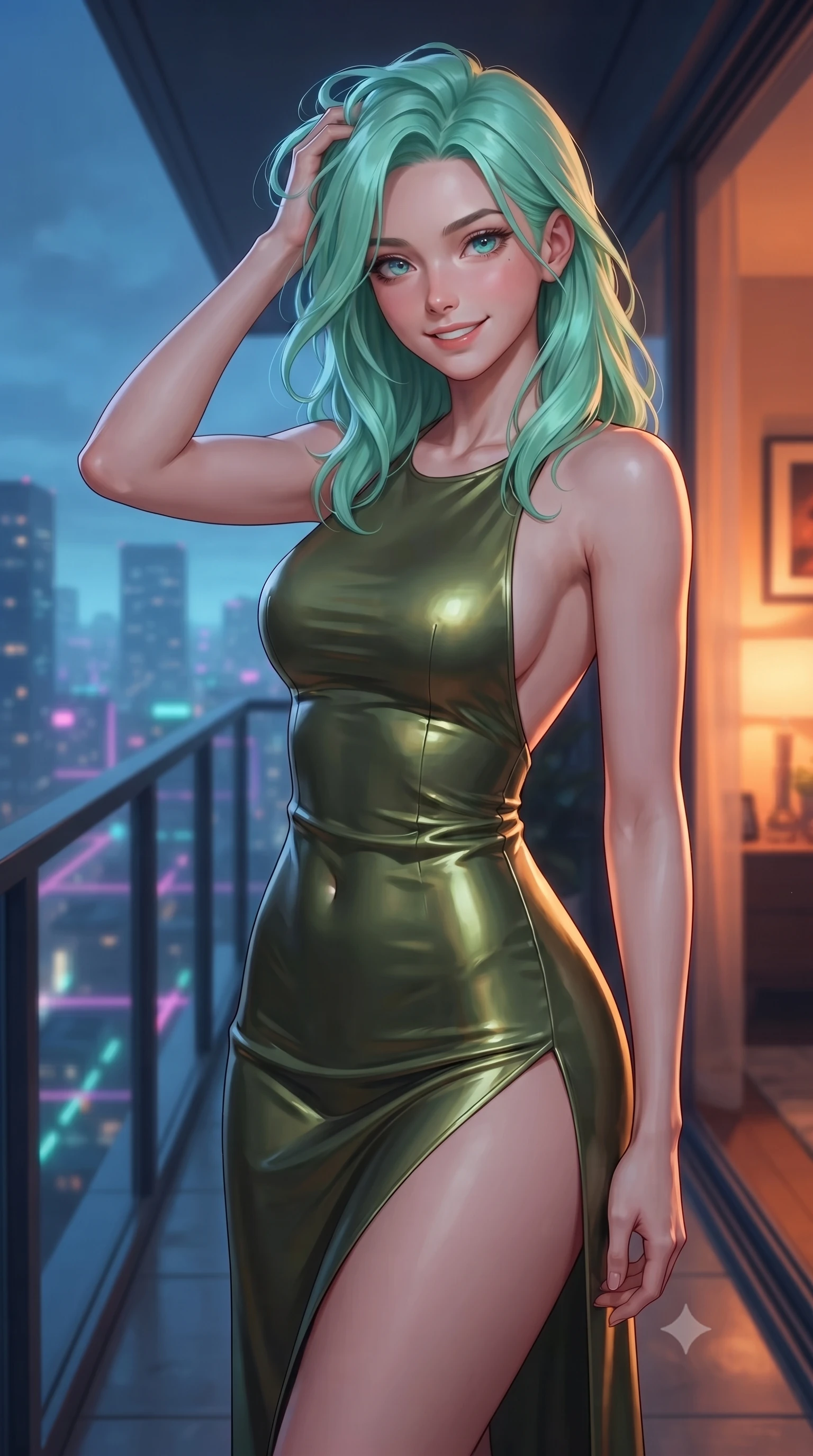 score_9, masterpiece, best quality, ultra-detailed, high-budget anime keyframe, editorial fashion photography, tasteful artistic composition, Japanese woman. close-up cowboy shot from the waist and thighs up, the character dominates the composition, filling the frame with her large presence, background elements kept in soft focus. smiling with quiet, magnetic self-assurance directly into the camera, running a hand through her hair the background shows a soft-focus a quiet high-rise balcony overlooking the neon grid after midnight. She has an exceptionally elegant, slender, and willowy female figure with an ultra-slim waist, a gracefully sculpted slender torso, and a refined silhouette. sharp v-shaped jawline, high-bridge nose, intricate jewel-like eyes with depth, thick eyelashes, glossy lips with a natural sheen. wearing a slim-fit dramatic open-back maxi dress in olive green, featuring a high thigh slit. cool blue ambient twilight light contrasting with a warm orange room light inside. ultra-reflective glossy finish, specular highlights, metallic sheen, high-contrast stereoscopic depth, volumetric dynamic lighting, 2k, ultra detail, master piece, 9:16 ratio