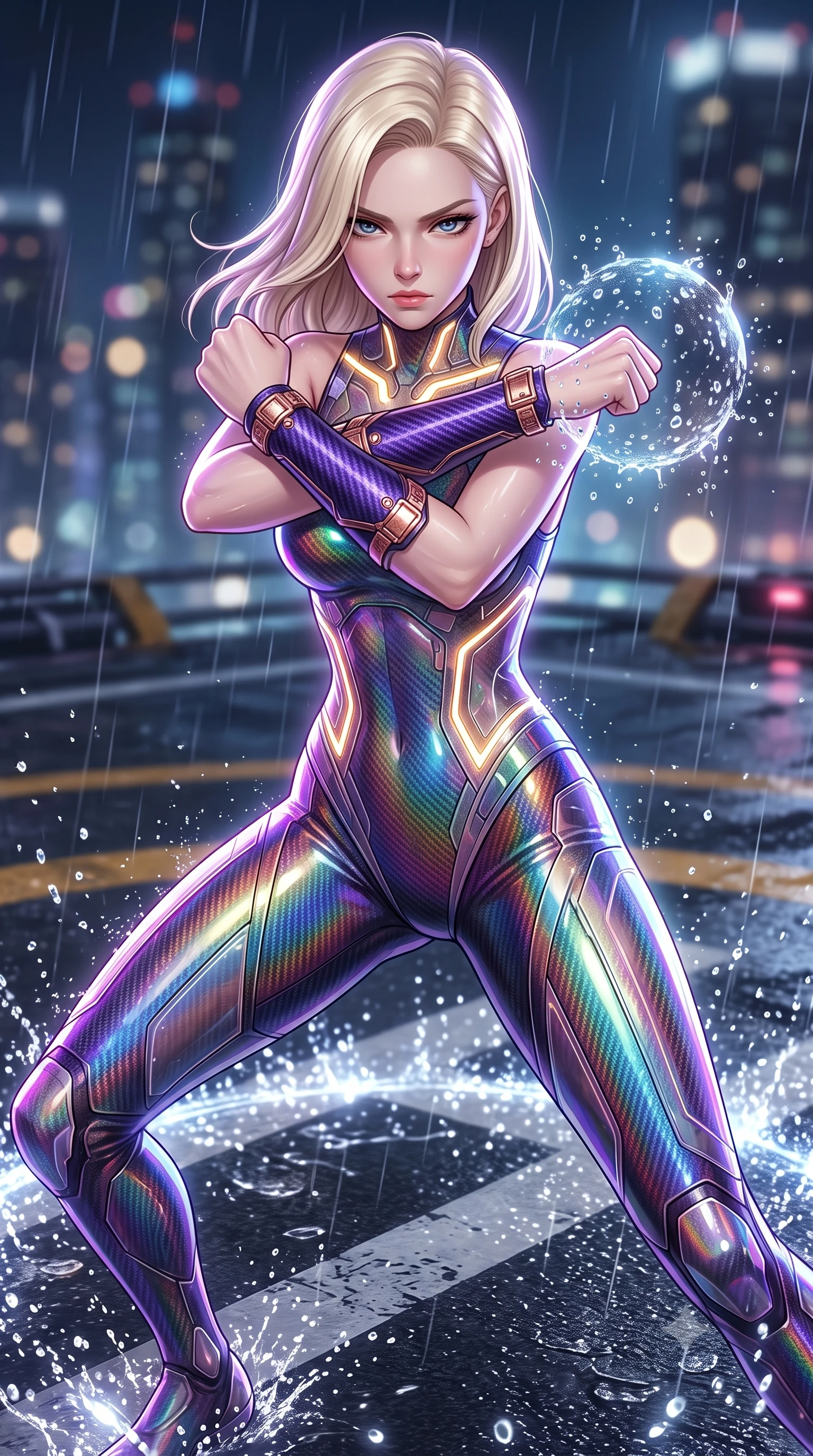 score_9, masterpiece, best quality, ultra-detailed, high-budget anime keyframe, semi-realistic 3D game render, editorial fashion photography, tasteful artistic composition, Caucasian woman. close-up cowboy shot from the waist and thighs up, the character dominates the composition, filling the frame with her large presence. shifting into a low cat-stance with arms crossed defensively, glowing energy conduits tracing her ultra-slim waist and sculpted clavicle while pivoting dynamically in mid-motion on the wet helipad as displaced rain droplets form a frozen sphere around her fist. The composition keeps background elements in soft focus with creamy bokeh. sparkling shockwave condensation rings and splashing raindrops scattering radiant light across a dark backdrop. She has an exceptionally elegant, slender, and willowy female figure with an ultra-slim waist, a gracefully sculpted slender torso, toned flat midriff, and a refined slim silhouette. sharp v-shaped jawline, high-bridge nose, intricate jewel-like eyes with depth, thick eyelashes, glossy lips with a natural sheen, flawlessly proportioned anatomical accuracy, strict slender model proportions, natural body alignment, perfectly sculpted long slender limbs, ultra-slim waistline, clean dynamic posture without body distortion. wearing a high-gloss iridescent rainbow carbon-weave bodysuit with translucent cybernetic panels and Damascus-steel forearm bracers in royal purple carbon fiber with rose-gold hardware and clasps, made of liquid carbon-jersey fabric adhering flawlessly to her sculpted silhouette, complemented by criss-cross back harness straps highlighting her completely bare spine, the form-contouring material adhering flawlessly to her sculpted flat midriff and slender torso, emphasizing her long leg lines and perfectly proportioned willowy build. surrounded by an electrifying, fierce, and passionately powerful martial valkyrie atmosphere. rich saturated anime colors with glowing neon highlights, detailed shading with soft gradients, rich glossy textures, high-contrast stereoscopic depth, volumetric dynamic lighting, master piece, 9:16 ratio