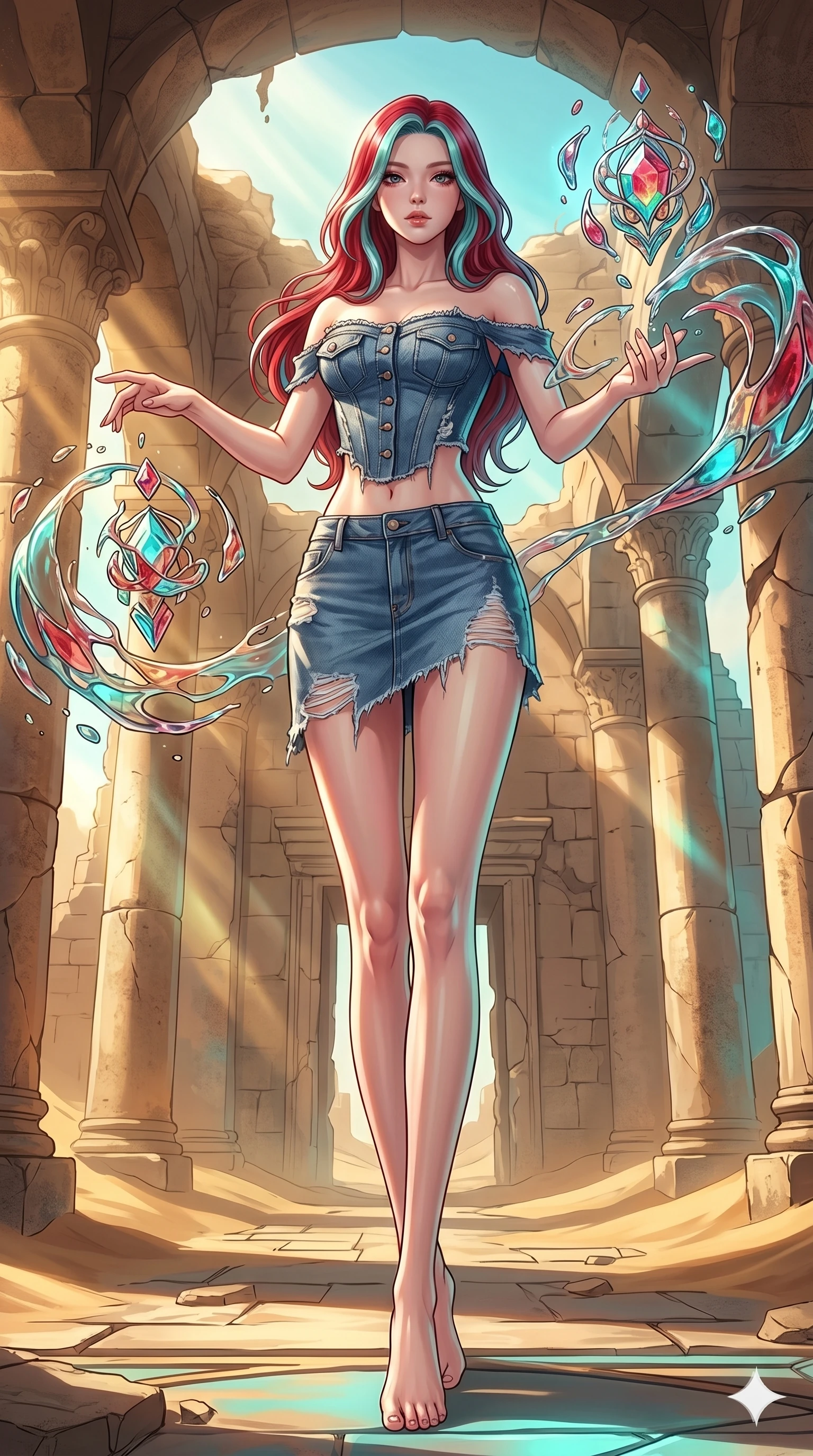 score_9, masterpiece, best quality, ultra-detailed, high-budget anime keyframe, Japanese woman. low angle full-body shot filling the entire 9:16 frame with her statuesque presence, stretching the vertical silhouette. interacting with liquid stained-glass that melts and swirls in mid-air inside a crumbling desert ruin, the fluid jewelry floating in suspension. She has an absolutely perfect 8-heads proportion, an exceptionally tall and slender female figure with impossibly long slender legs and an ultra-slim waist. V-shaped jawline, high-bridge nose, intricate jewel-like eyes with depth, thick eyelashes, glossy lips with a natural sheen.. wearing a deconstructed denim corset and an asymmetric ripped denim micro-skirt, showcasing a rugged yet chic off-shoulder style. showcasing a beautiful play of light and shadow, with warm golden rays clashing against cool cyan highlights. 2k, ultra detail, master piece, 9:16 ratio