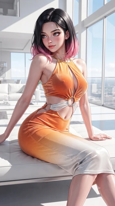 score_9, masterpiece, best quality, ultra-detailed, high-budget anime keyframe, editorial fashion photography, tasteful artistic composition, Korean woman. close-up cowboy shot from the waist and thighs up, the character dominates the composition, fi