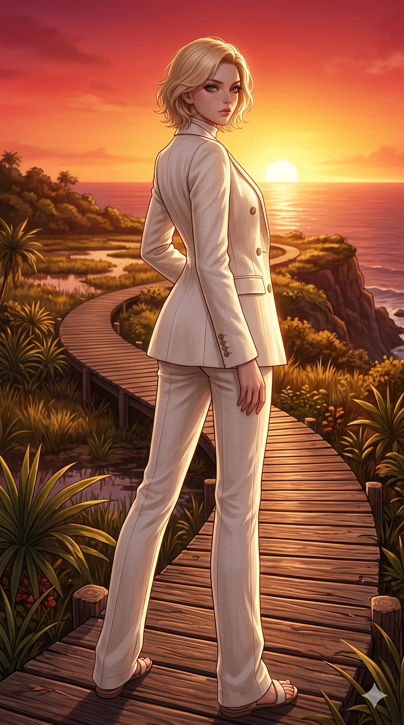 score_9, masterpiece, best quality, ultra-detailed, high-budget anime keyframe, editorial fashion photography, tasteful artistic composition, Caucasian woman, strictly human ears. low angle full-body shot from head to toe showing her feet, filling the entire 9:16 vertical frame with her statuesque presence, stretching her vertical silhouette. standing on the edge of the cliffside path, looking over her shoulder with a smoldering, mysterious gaze on a wooden boardwalk winding through a sunlit tropical wetland (Code-P19-016). She has an absolutely perfect 8-heads proportion, an exceptionally tall and slender female figure with impossibly long slender legs and an ultra-slim waist. V-shaped jawline, high-bridge nose, intricate jewel-like eyes with depth, thick eyelashes, glossy lips with a natural sheen. wearing a high-neck double-breasted summer linen coat with long tailored trousers in ivory. illuminated by the setting sun over the ocean, casting a deep crimson and gold backlight. 2k, ultra detail, master piece, 9:16 ratio