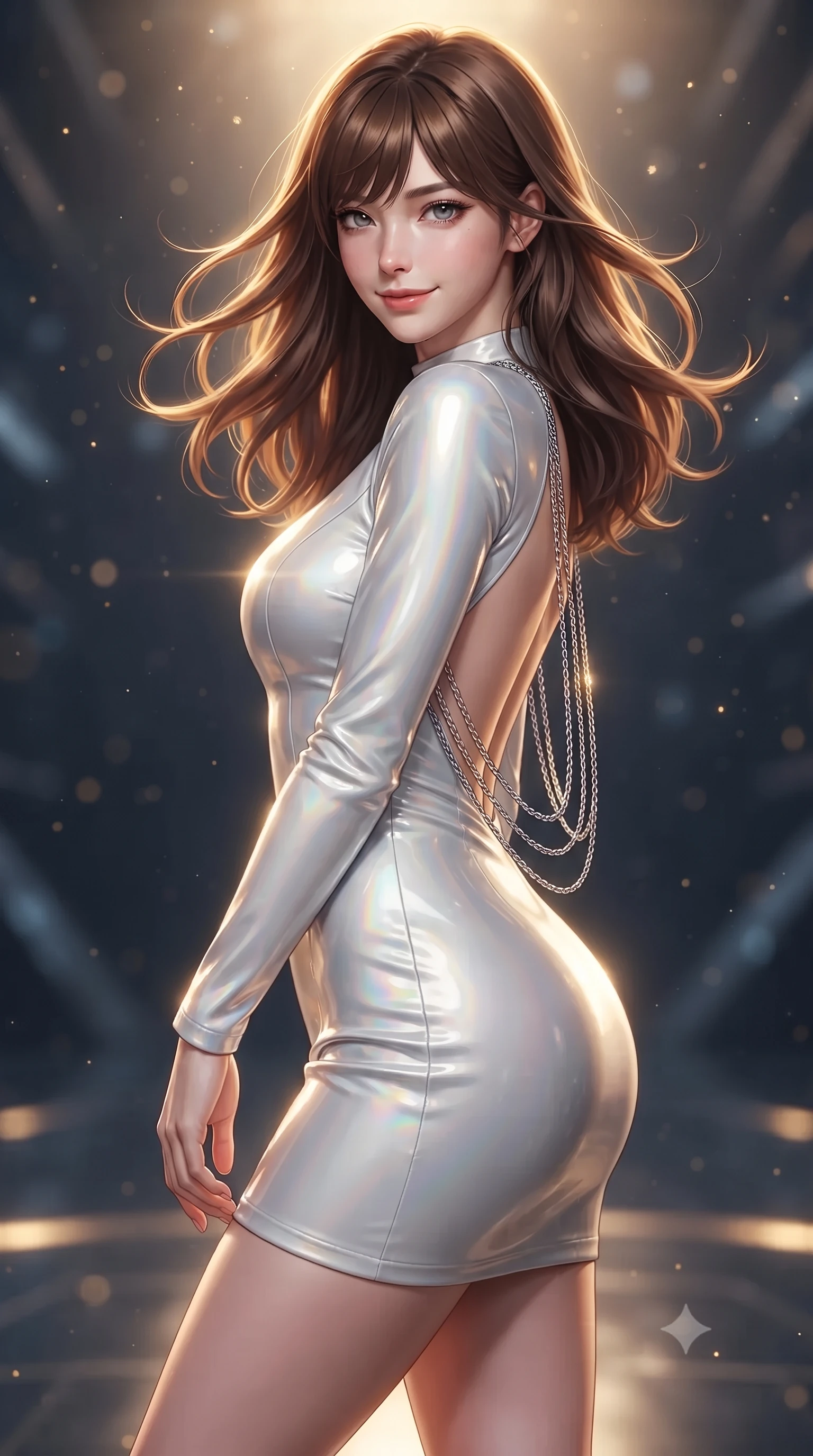 score_9, masterpiece, best quality, ultra-detailed, high-budget anime keyframe, editorial fashion photography, tasteful artistic composition, Korean woman. close-up cowboy shot from the waist and thighs up, the character dominates the composition, filling the frame with her large presence. turning slowly with an enchanting smoldering smile, her glossy hair tossing in the breeze as her hips angle gracefully in a captivating contrapposto while twisting her slender torso in an alluring contrapposto stance, blinding solar flare coronas casting golden brilliance across her narrow waist and curvy hips. The background shows a soft-focus ambient atmospheric particulate glow softened in deep-space Dyson structure shallow focus. She has an exceptionally elegant, slender, and willowy female figure with an ultra-slim waist, flat toned midriff, narrow ribcage, and sculpted feminine hips creating an alluring, slim hourglass silhouette without bulk. sharp v-shaped jawline, high-bridge nose, intricate jewel-like sparkling eyes with depth, thick eyelashes, glossy parted lips with a natural peach sheen, bright cheerful beaming smile with an enchanting and coquettish sensual glint, exuding both youthful cute charm and seductive allure, flawlessly proportioned anatomical accuracy, strict slender model proportions, natural body alignment, perfectly sculpted long slender limbs, ultra-slim waistline, clean dynamic posture without body distortion. wearing a glove-like stretch lambskin leather dress with seamless sculpting hold adhering tightly to her silhouette in holographic prismatic pearl and titanium white, tailored from high-gloss patent leather with mirror-like specular highlights, accented with an open-back drape framed by falling strands of delicate chrome chains, the glove-like clinging cut tightly following the natural contour of her hips and long slender legs with youthful 8.5-heads elegance. illuminated by floor panel reflection bounce and intense solar-gold rim lights defining her razor-sharp jawline, narrow waist, and curvy hips. ultra-reflective glossy finish, specular highlights, rich textural contrasts, high-contrast stereoscopic depth, volumetric dynamic lighting, 2k, ultra detail, master piece, 9:16 ratio