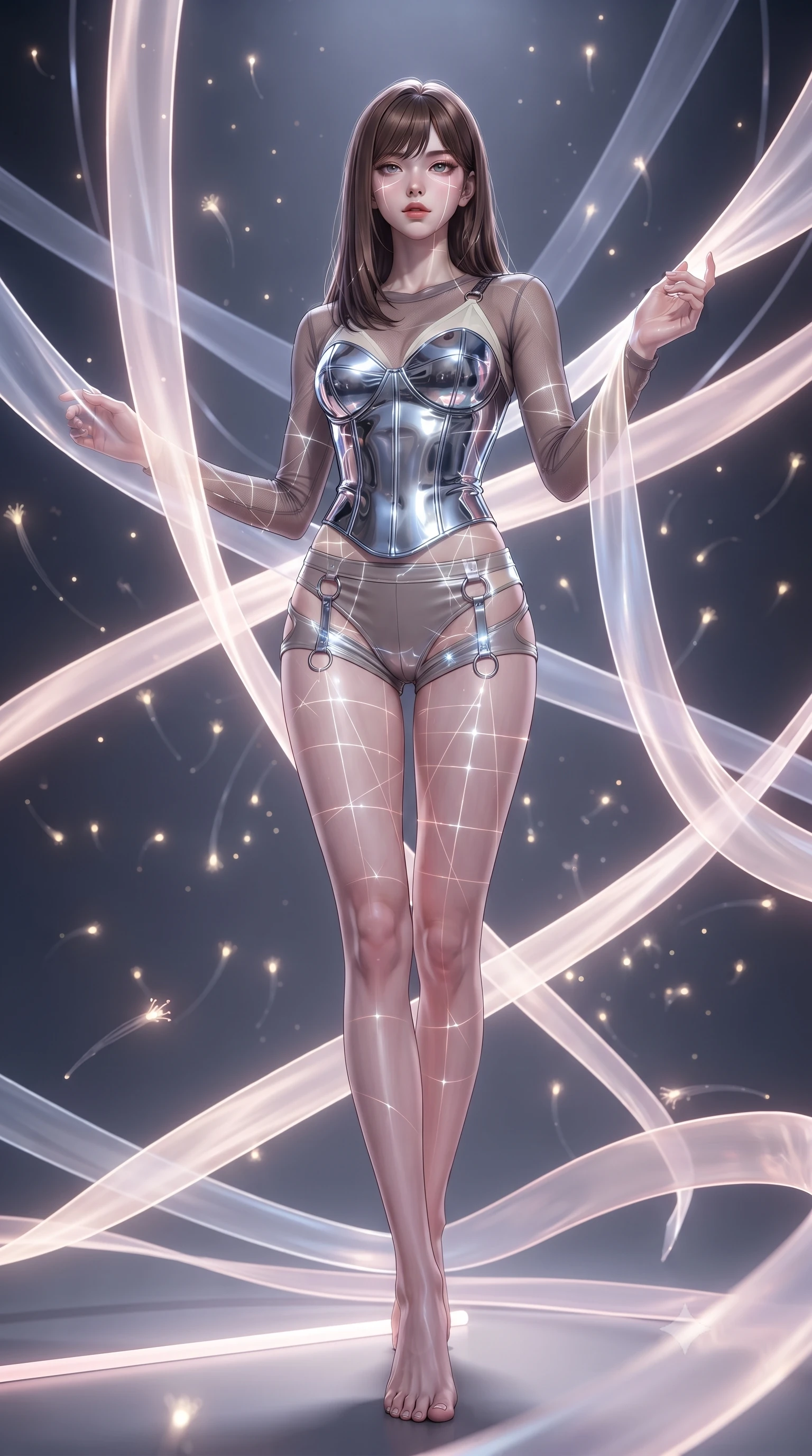 score_9, masterpiece, best quality, ultra-detailed, high-budget anime keyframe, editorial fashion photography, tasteful artistic composition, Korean woman. low angle full-body shot from head to toe showing her feet, filling the entire 9:16 vertical frame with her statuesque presence, stretching her vertical silhouette. interacting gracefully with the magical floating elements while maintaining a confident posture navigating a maze of glowing silk ribbons that pulse to a cosmic rhythm, glowing fiber optic motes drifting like fireflies in the background. She has an absolutely perfect, statuesque 8.5-heads proportion, an exceptionally tall and slender model-like female figure with impossibly long slender legs and an ultra-slim waist. sharp v-shaped jawline, high-bridge nose, intricate jewel-like eyes with depth, thick eyelashes, glossy lips with a natural sheen. wearing a chrome-plated structured bodice worn over a sheer mesh top and micro-shorts in muted taupe and soft ivory, tailored from high-gloss patent leather, accented with delicate chrome ring hardware framing her waist, the elegant draped fit framing her graceful clavicle and slender torso. bathed in sharp geometric laser grid highlights and soft ambient fill. ultra-reflective glossy finish, specular highlights, metallic sheen, high-contrast stereoscopic depth, volumetric dynamic lighting, 2k, ultra detail, master piece, 9:16 ratio