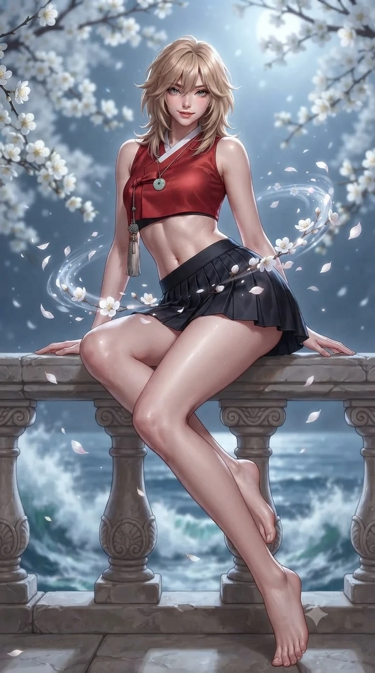 score_9, masterpiece, best quality, ultra-detailed, high-budget anime keyframe, editorial fashion photography, tasteful artistic composition, Japanese woman. low angle full-body shot from head to toe showing her feet, filling the entire 9:16 vertical frame with her statuesque presence, stretching her vertical silhouette. reclining on her side in an elegant Cleopatra pose with one knee drawn up, the dramatic contour of her rounded hips and long slender legs commanding the 9:16 vertical frame while twisting her slender torso in an alluring S-curve, moonlight and fragrant white flower petals swirling around her flat midriff and hips. The background shows a soft-focus cascading white plum blossoms, crashing ocean surf far below, and endless midnight sea horizon blurred into pure white, sapphire, and cobalt bokeh. She has an absolutely perfect, statuesque 8.5-heads proportion, an exceptionally tall and slender model-like female figure with impossibly long slender legs, an ultra-slim waist, a flat toned midriff, narrow delicate ribcage, and beautifully sculpted feminine hips creating a graceful, slim hourglass silhouette without any bulky heaviness. sharp v-shaped jawline, high-bridge nose, sparkling eyes with hypnotic seductive depth, thick curled eyelashes, glossy parted lips with a natural dewy peach sheen, alluring bedroom-eyes with an enchanting coquettish smile, exuding magnetic siren charisma and sophisticated glamour, flawlessly proportioned anatomical accuracy, strict slender model proportions, natural body alignment, perfectly sculpted long slender limbs, ultra-slim waistline, clean dynamic posture without body distortion. wearing a modern boned hanbok bustier top with norigae tassel paired with an ultra-short micro-pleated silk wrap mini skirt in midnight obsidian black and rich cinnabar red, tailored from smooth liquid silk satin with a natural dewy moonlight sheen, finished with a minimalist celadon porcelain pendant on a fine silk cord, the form-contouring silhouette accentuating her sculpted flat midriff, narrow delicate ribcage, and gracefully curvy hips with intoxicating allure. bathed in brilliant 4500K celestial moonlight washing across white plum blossoms and carved stone balustrades. ultra-reflective glossy finish, specular highlights, rich textural contrasts, high-contrast stereoscopic depth, volumetric dynamic lighting, 2k, ultra detail, master piece, 9:16 ratio