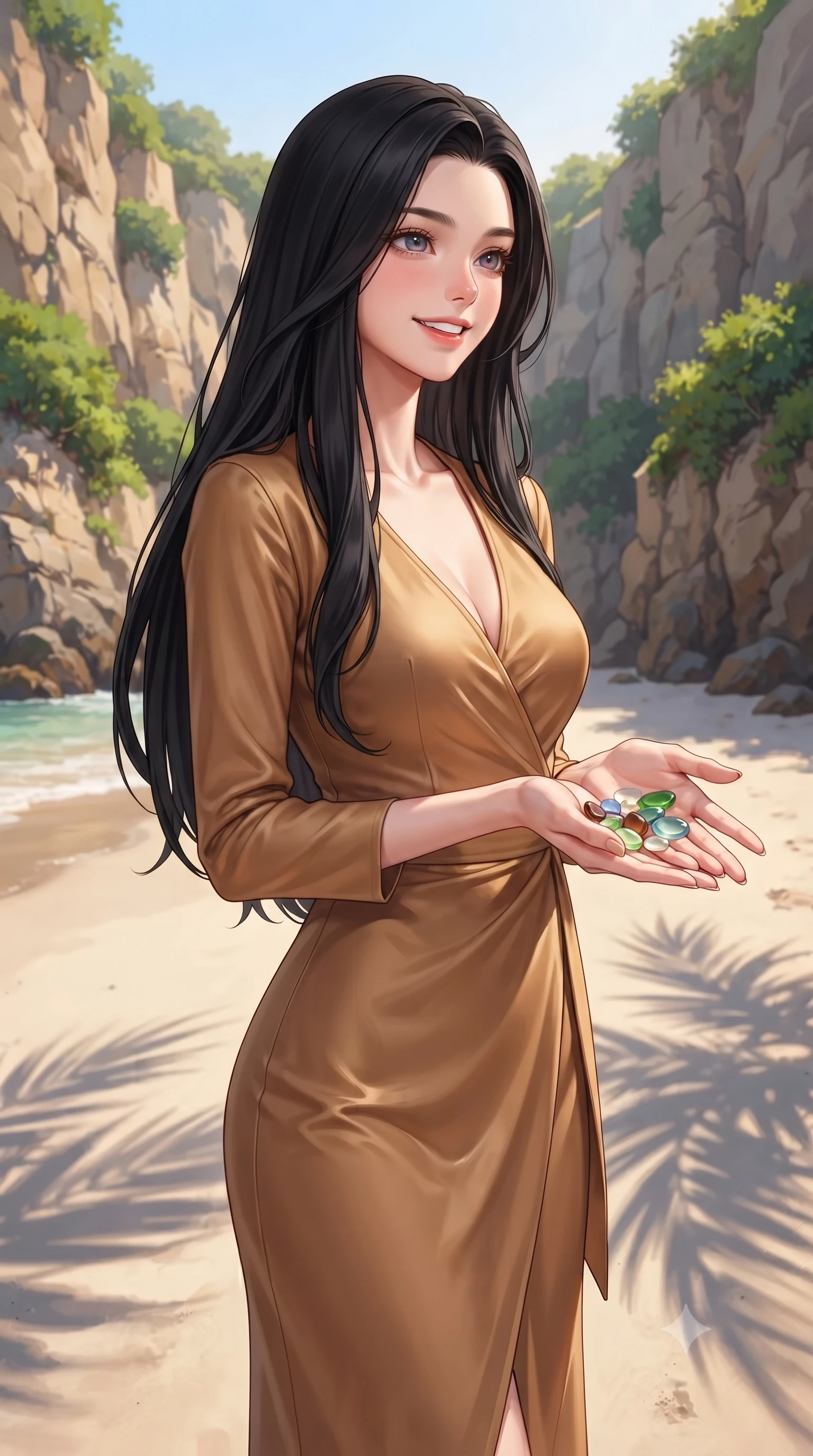 score_9, masterpiece, best quality, ultra-detailed, high-budget anime keyframe, editorial fashion photography, tasteful artistic composition, Korean woman. close-up cowboy shot from the waist and thighs up, the character dominates the composition, filling the frame with her large presence, background elements kept in soft focus. gazing past the camera with a happy, bright expression and a warm smile set against a soft-focus background of in a quiet sandy beach cove surrounded by tall cliffs and green shrubs with a small collection of pretty sea glass pebbles held in her palm. She has an exceptionally elegant, slender, and willowy female figure with an ultra-slim waist, a gracefully sculpted slender torso, and a refined silhouette. sharp v-shaped jawline, high-bridge nose, intricate jewel-like eyes with depth, thick eyelashes, glossy lips with a natural sheen. wearing slim-fit form-contouring silk wrap dress in camel, outlining her slender waist. soft late afternoon sunbeams casting long shadows of palm leaves on the sand. highly saturated vibrant anime colors, detailed shading with soft gradients, rich glossy textures, high-contrast stereoscopic depth, volumetric dynamic lighting, master piece, 9:16 ratio