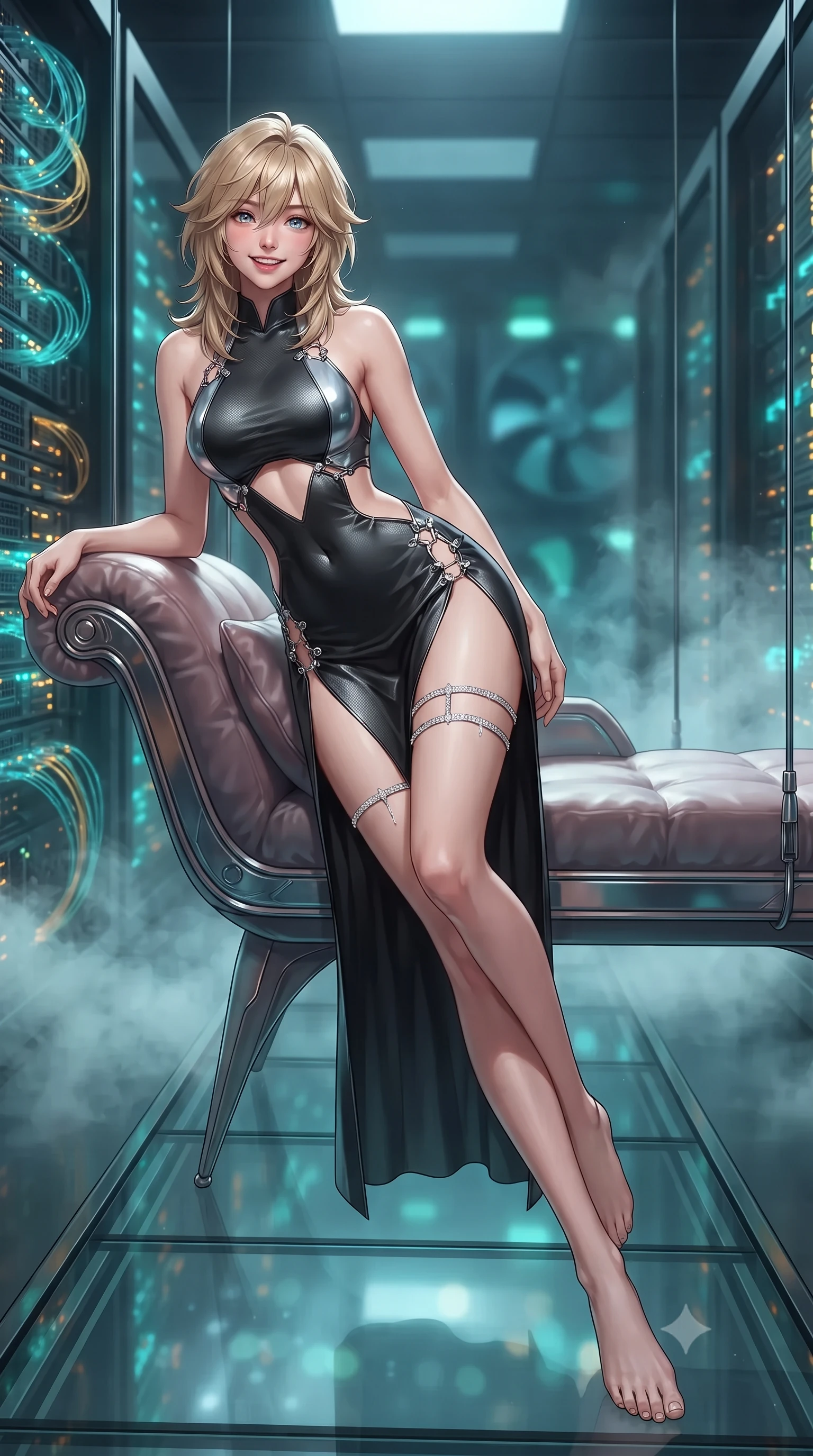 score_9, masterpiece, best quality, ultra-detailed, high-budget anime keyframe, editorial fashion photography, tasteful artistic composition, Japanese woman. low angle full-body shot from head to toe showing her feet, filling the entire 9:16 vertical frame with her statuesque presence, stretching her vertical silhouette. reclining gracefully across the plush chaise lounge with one leg extended, her sculpted silhouette and flat midriff radiating magnetic nocturnal glamour while standing poised along the suspended glass gantry between towering quantum computing monoliths, arching her lower back as cascading fiber-optic data pulses shimmer. The background shows a soft-focus infinite vertical server racks pulsing with turquoise and gold fiber optics, swirling cryogenic mist, and distant cooling turbines blurred into sapphire, emerald, and topaz bokeh. She has an exceptionally tall and slender model-like 8.5-heads proportion, an ultra-slim waist, a flat toned midriff, narrow delicate ribcage, and beautifully sculpted feminine hips creating a graceful, slim hourglass silhouette without any bulky heaviness, with impossibly long slender legs. sharp v-shaped jawline, high-bridge nose, intricate jewel-like sparkling eyes with depth, thick eyelashes, glossy parted lips with a natural peach sheen, bright cheerful beaming smile with an enchanting and coquettish sensual glint, exuding both youthful cute charm and seductive allure, flawlessly proportioned anatomical accuracy, strict slender model proportions, natural body alignment, perfectly sculpted long slender limbs, ultra-slim waistline, clean dynamic posture without body distortion. wearing a provocative open-waist cutout mini dress framed by polished chrome hardware and thigh-high slit in matte carbon fiber black and polished chrome, tailored from high-density tech-wool with subtle metallic thread weave, finished with delicate crystal-encrusted thigh garter straps glinting in the dim light, the impeccably tailored cut draping gracefully along her slender figure with aristocratic poise. bathed in cold 6500K quantum laser arrays contrasted with warm amber status indicators. ultra-reflective glossy finish, specular highlights, rich textural contrasts, high-contrast stereoscopic depth, volumetric dynamic lighting, 2k, ultra detail, master piece, 9:16 ratio