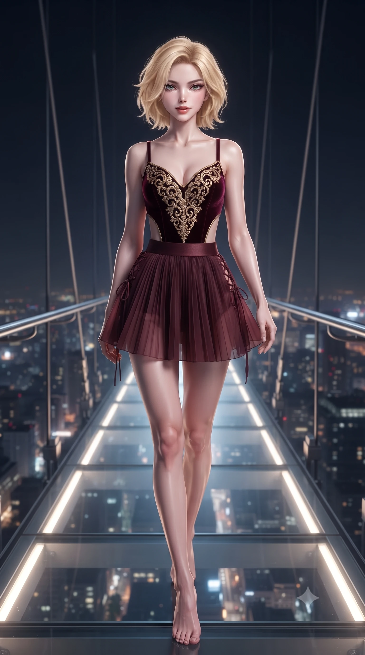 score_9, masterpiece, best quality, ultra-detailed, high-budget anime keyframe, editorial fashion photography, tasteful artistic composition, Caucasian woman. low angle full-body shot from head to toe showing her feet, filling the entire 9:16 vertical frame with her statuesque presence, stretching her vertical silhouette. stepping slowly toward the camera with hypnotic grace, hips swaying in an alluring sensual rhythm that accentuates her curvy hourglass silhouette and long slender legs while walking slowly along the illuminated glass walkway, hips swaying in an alluring kinetic rhythm that commands the aerial cityscape. The background shows a soft-focus suspended cable truss supports softened in high-altitude architectural shallow focus. She has an absolutely perfect, statuesque 8.5-heads proportion, an exceptionally tall and slender model-like female figure with impossibly long slender legs, an ultra-slim waist, a flat toned midriff, narrow delicate ribcage, and beautifully sculpted feminine hips creating a graceful, slim hourglass silhouette without any bulky heaviness. sharp v-shaped jawline, high-bridge nose, sparkling eyes with hypnotic seductive depth, thick curled eyelashes, glossy parted lips with a natural dewy peach sheen, alluring bedroom-eyes with an enchanting coquettish smile, exuding magnetic siren charisma and sophisticated glamour, flawlessly proportioned anatomical accuracy, strict slender model proportions, natural body alignment, perfectly sculpted long slender limbs, ultra-slim waistline, clean dynamic posture without body distortion. wearing a structured velvet ballet bodice with gold filigree embroidery paired with an airy knife-pleated organza mini skirt in smoky bordeaux wine and gilded bronze, tailored from fine ribbed modal knit with gentle elastic contouring and soft hand-feel, finished with fine criss-cross lace-up side ties revealing tantalizing glimpses of her hip curve, the precision-cut side openings and low-back scoop framing her graceful spine and the sensual sweep of her slim, toned hips. illuminated by exterior lightning flash bounce and sharp platinum rim lights sculpting her delicate clavicles, narrow waist, and curvy hips. ultra-reflective glossy finish, specular highlights, rich textural contrasts, high-contrast stereoscopic depth, volumetric dynamic lighting, 2k, ultra detail, master piece, 9:16 ratio