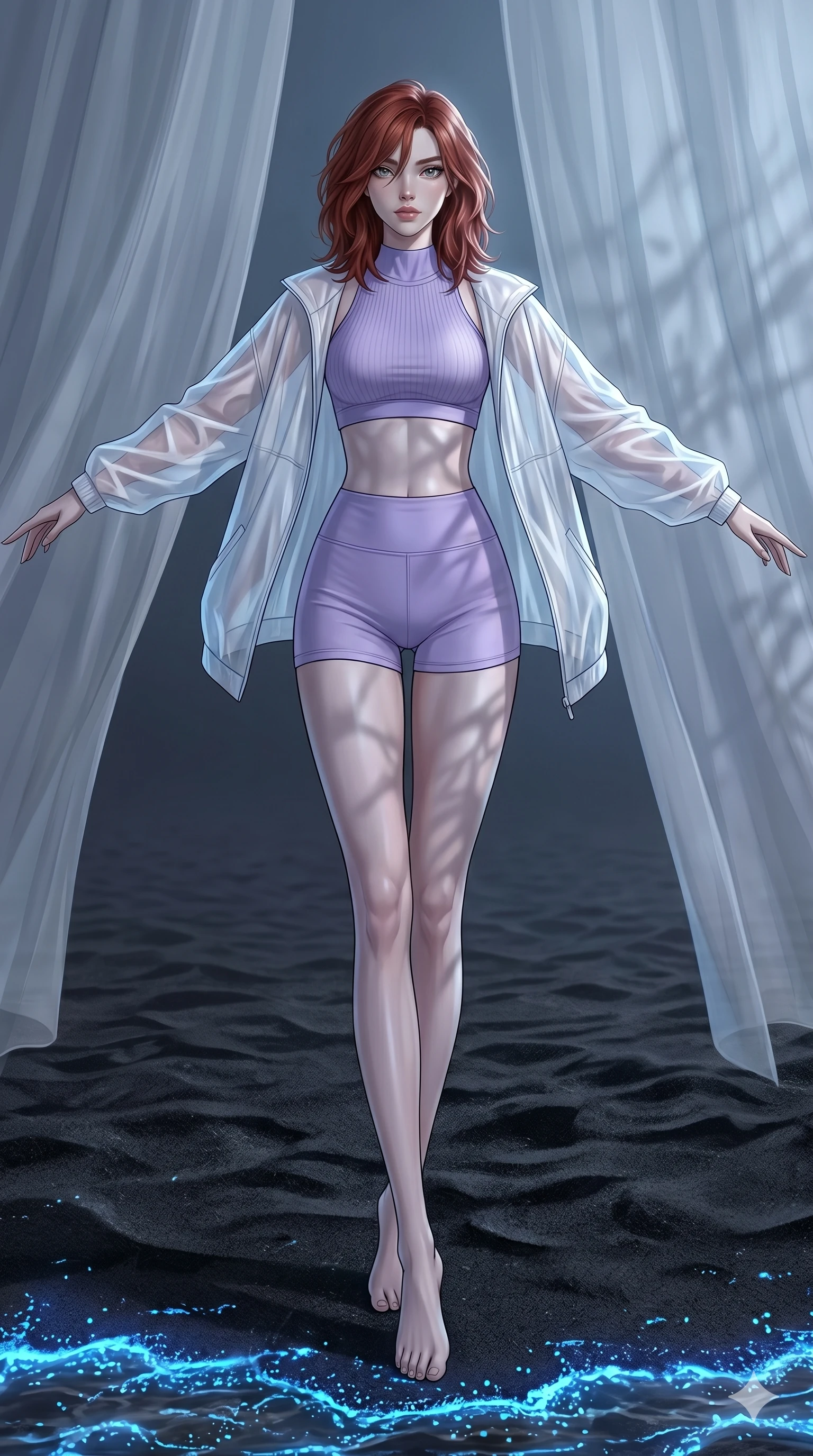 score_9, masterpiece, best quality, ultra-detailed, high-budget anime keyframe, editorial fashion photography, tasteful artistic composition, Korean woman. low angle full-body shot from head to toe showing her feet, filling the entire 9:16 vertical frame with her statuesque presence, stretching her vertical silhouette. Balancing with elegant poise on tiptoe with arms extended on a beach of black volcanic sand with glowing blue algae lining the shoreline. She has an absolutely perfect 8-heads proportion, an exceptionally tall and slender female figure with impossibly long slender legs and an ultra-slim waist. V-shaped jawline, high-bridge nose, intricate jewel-like eyes with depth, thick eyelashes, glossy lips with a natural sheen. wearing a high-neck ribbed sports bra in lavender, paired with matching high-waist shorts under an oversized translucent white windbreaker jacket. bathed in cold silver moonlight filtered through translucent gossamer curtains casting soft shadows on her curves. 2k, ultra detail, master piece, 9:16 ratio